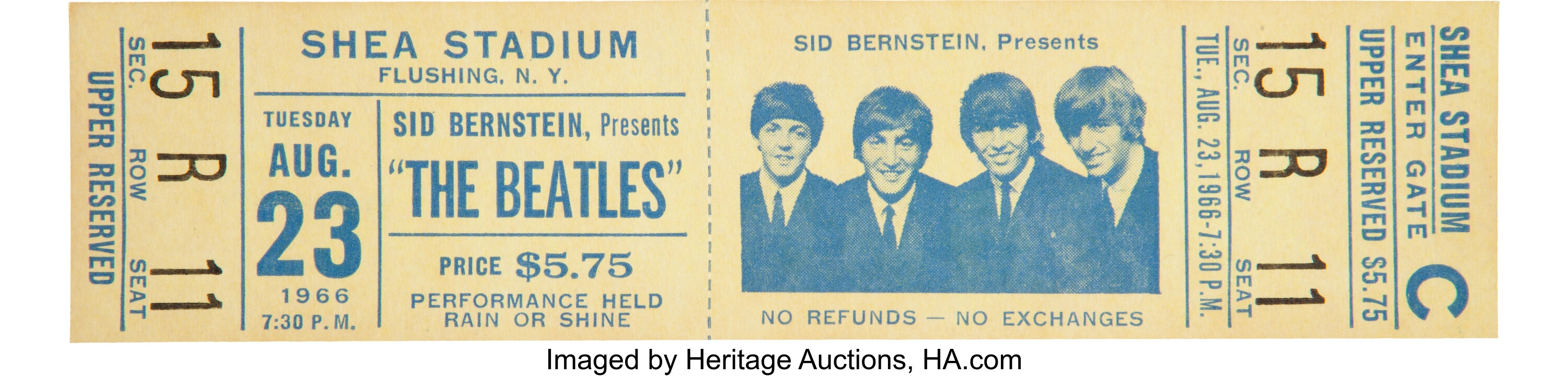 Beatles Unused Shea Stadium Concert Ticket (US, 1966).. ... Music | Lot ...