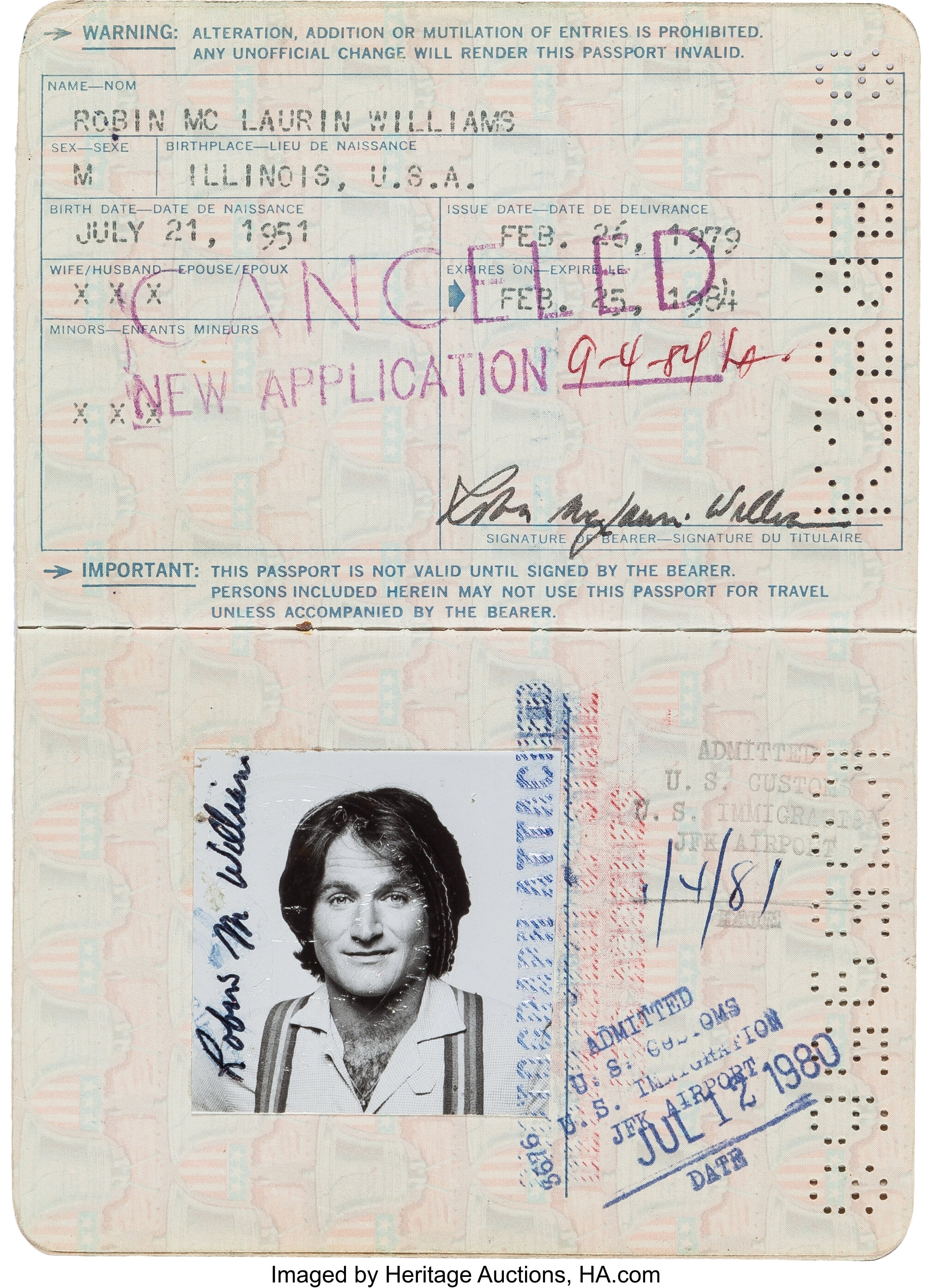 A Robin Williams Twice Signed Passport 1979 Movie Tv Lot 90001 Heritage Auctions