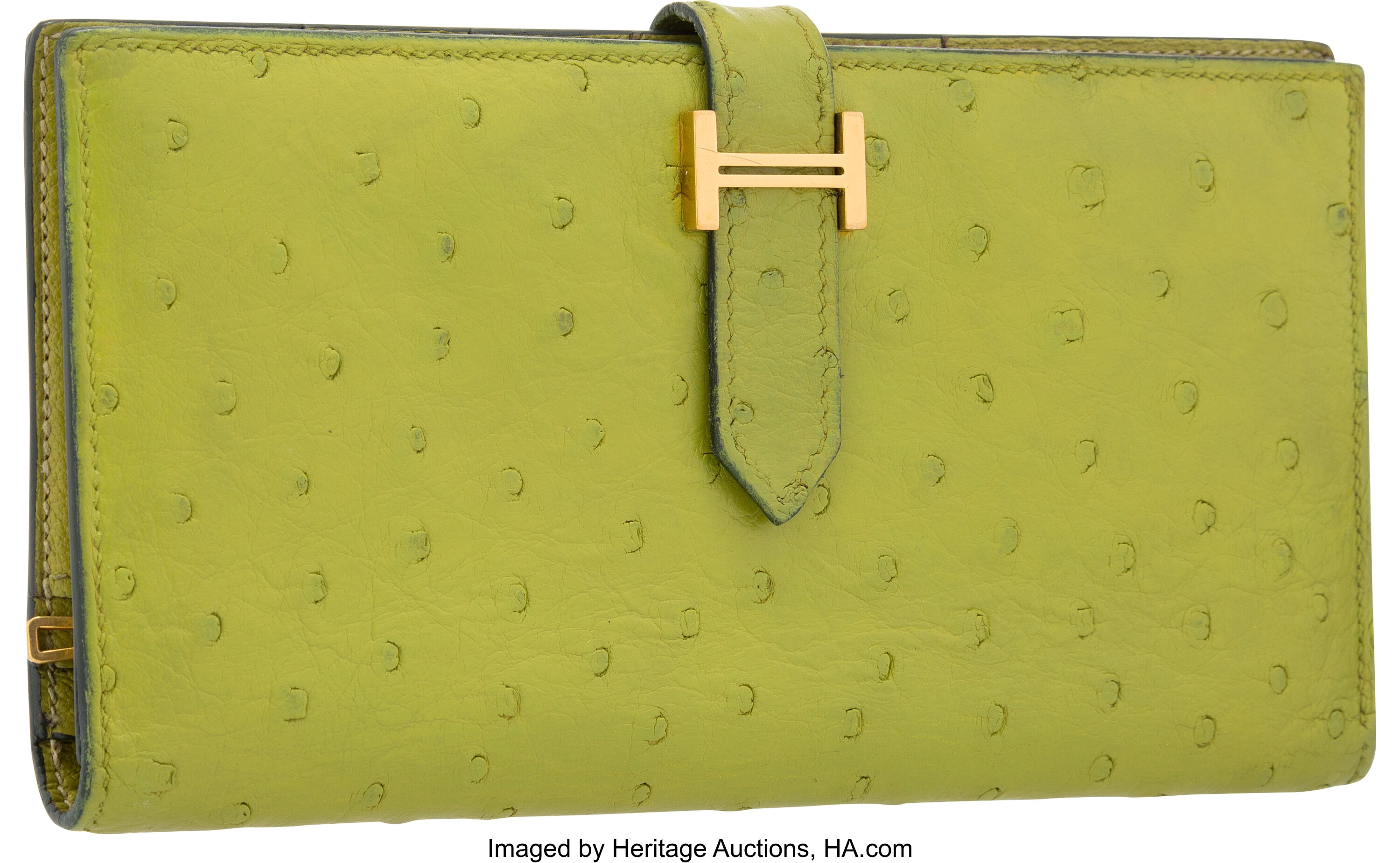 Hermes Vert Anis Ostrich Bearn Wallet with Gold Hardware. Good, Lot #58045