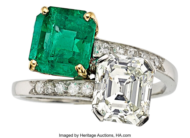 Diamond Emerald Platinum Gold Ring Cartier. Estate Jewelry