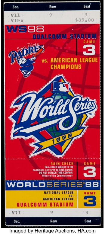 1998 World Series Yankees vs. Padres Game 3 Ticket – Cool Stuff PD