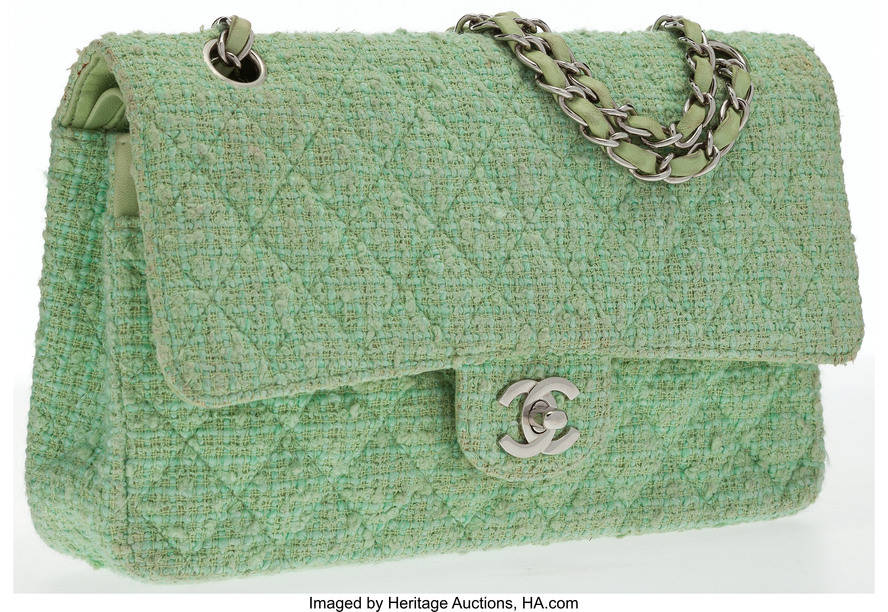 Chanel Vintage Green Tweed Medium Classic Double Flap Bag SHW