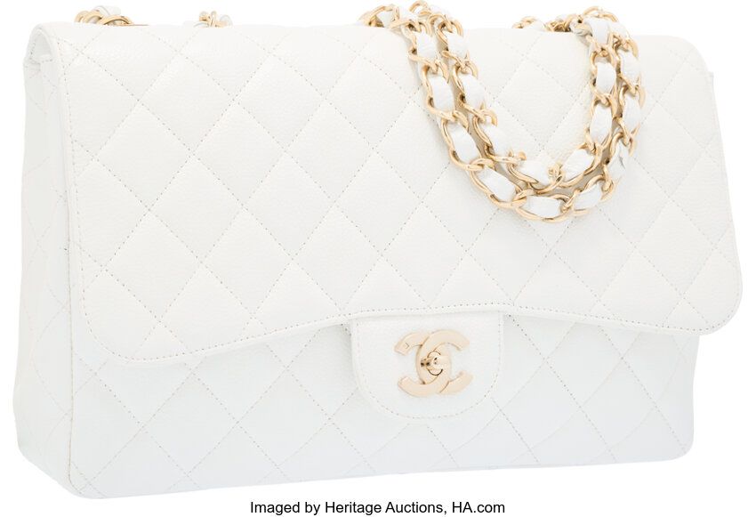 Chanel White Quilted Caviar Jumbo Classic Single Flap Gold Hardware, 1996-1997, Womens Handbag