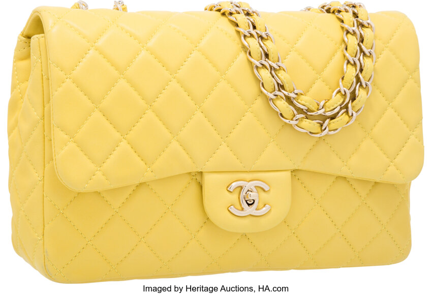 Chanel Yellow Quilted Lambskin Leather Jumbo Single Flap Bag with, Lot  #58250