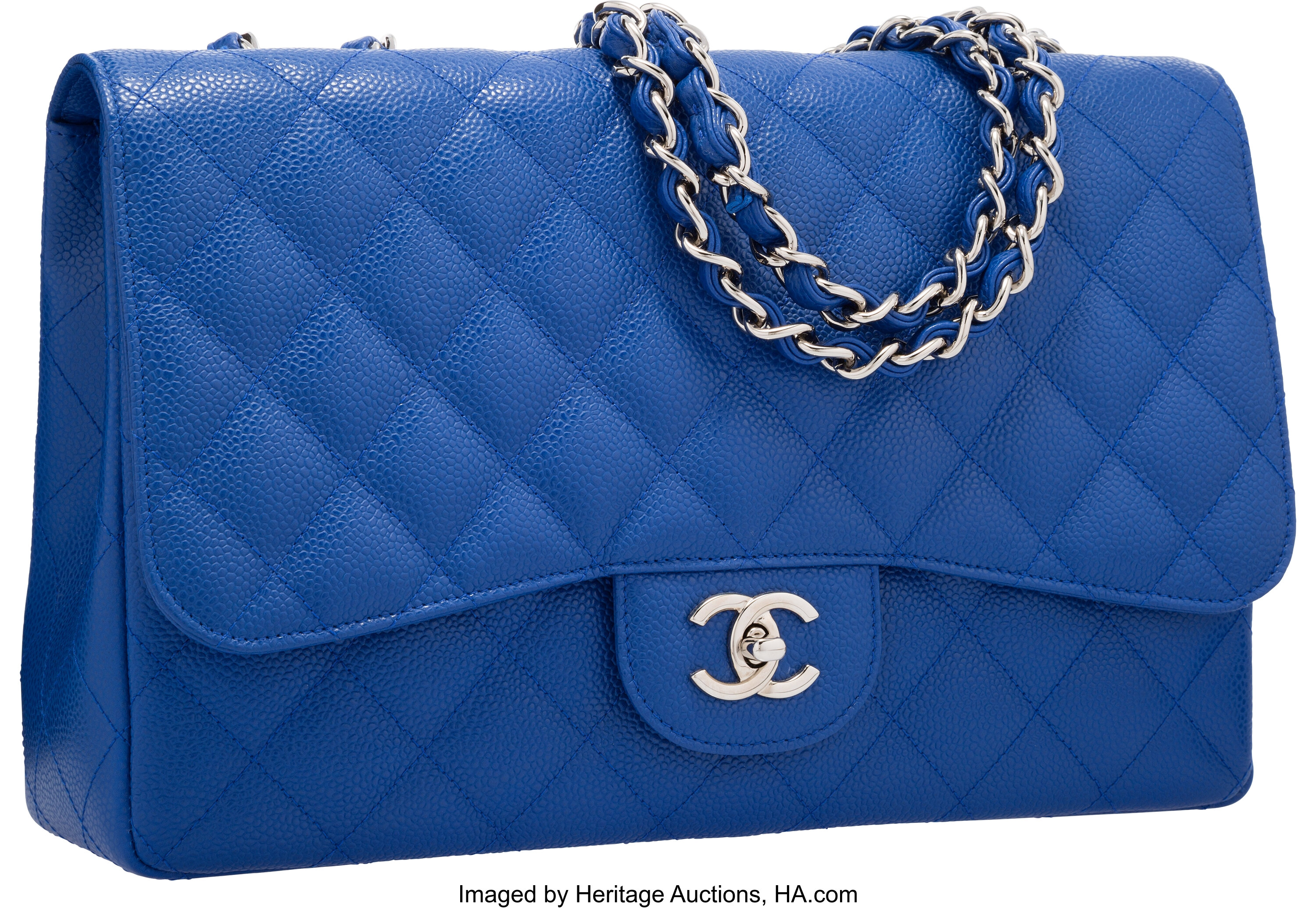 Chanel Blue Quilted Caviar Leather Jumbo Single Flap Bag with