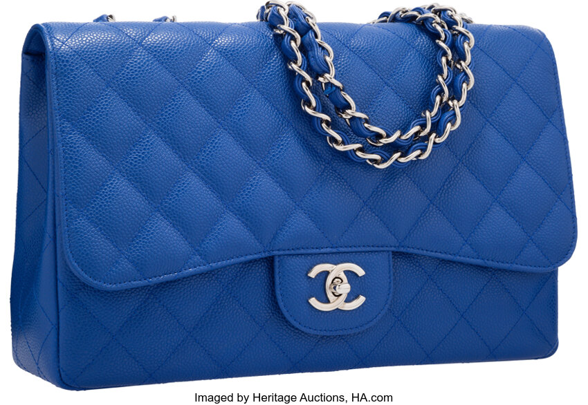 Chanel Blue Quilted Caviar Leather Jumbo Single Flap Bag with, Lot #58303