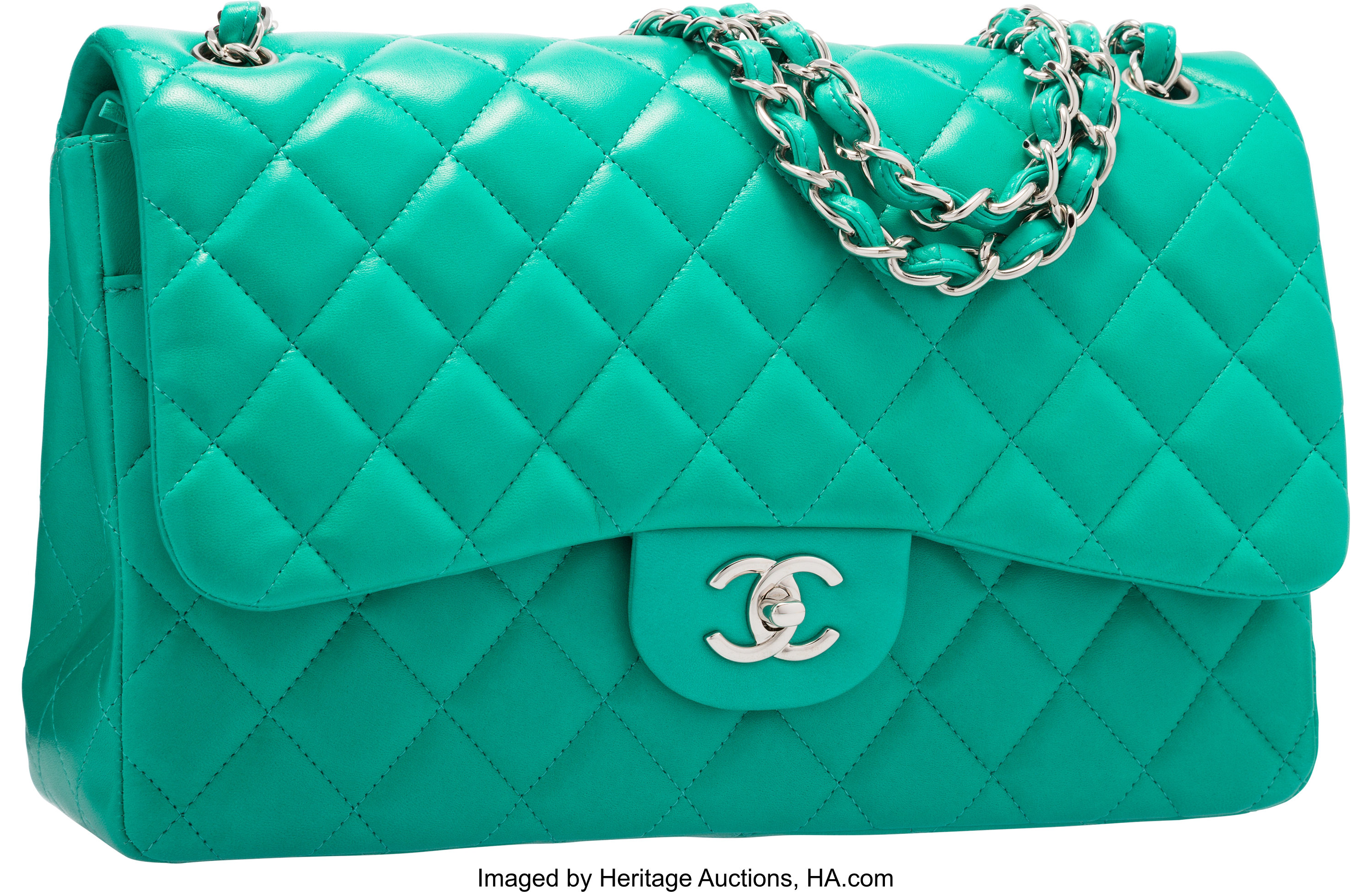 Chanel Green Quilted Lambskin Leather Jumbo Double Flap Bag with, Lot  #58309