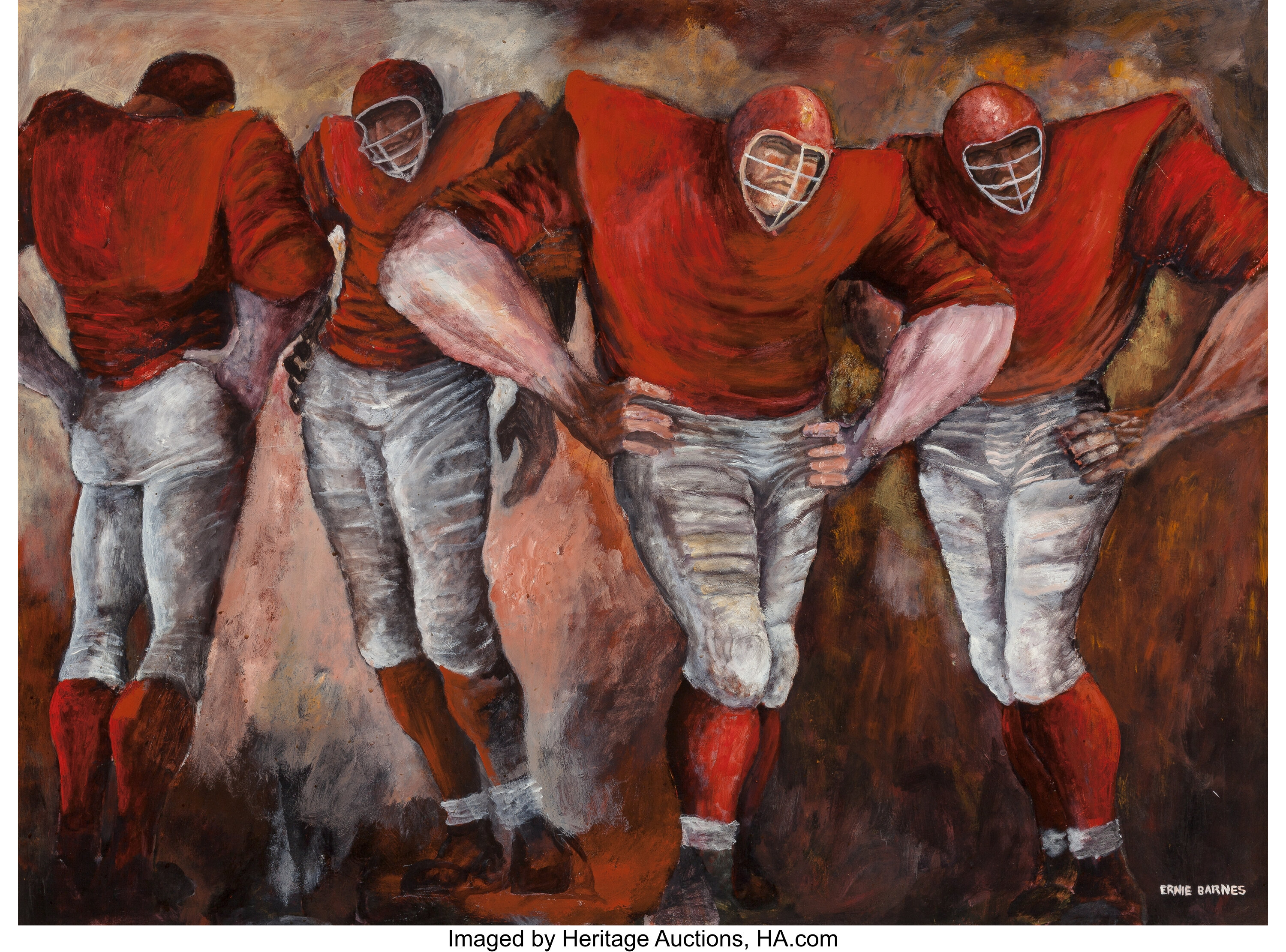 Ernie Barnes American 1938 2009 Football Players Oil On Board