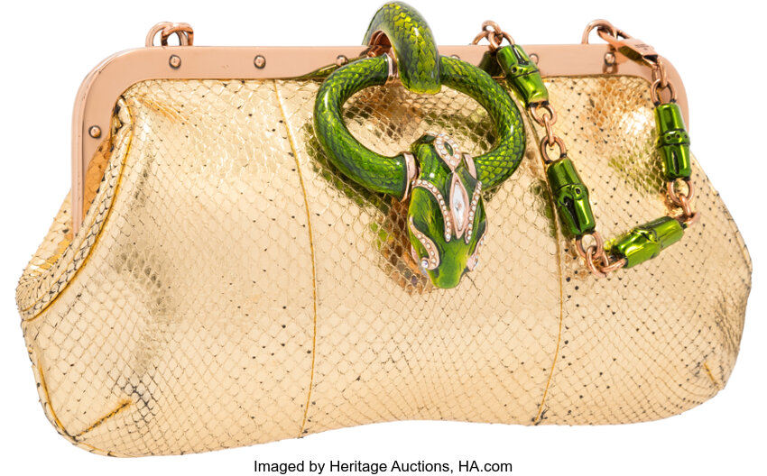 Andrew GN Gold, Pattern Print Metallic Snakeskin Embossed Beaded Evening Bag