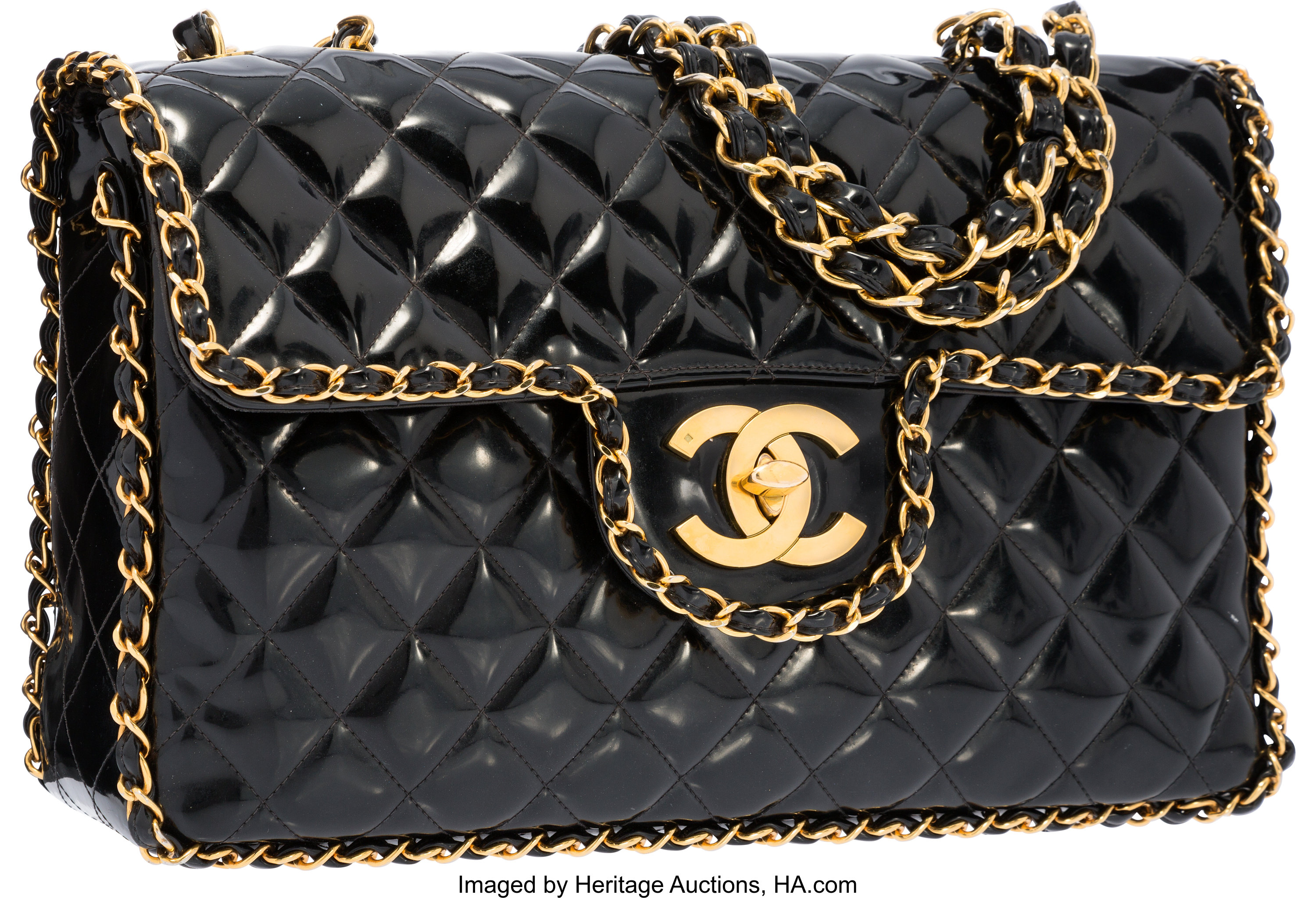 A BLACK PATENT LEATHER CHAIN AROUND MAXI FLAP BAG WITH GOLD HARDWARE