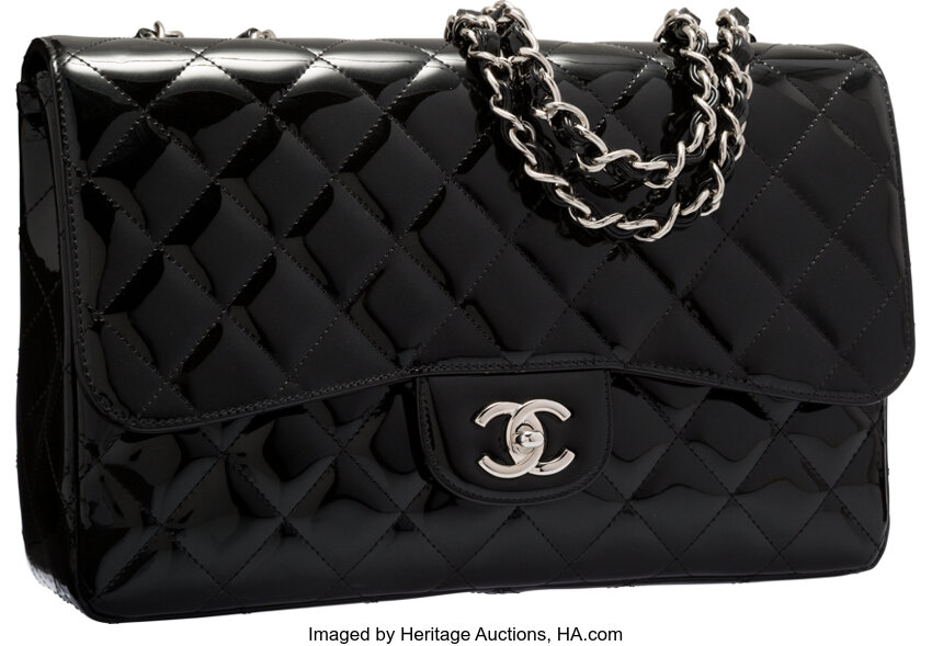 Chanel Black Sparkle Quilted Patent Leather Jumbo Single Flap Bag