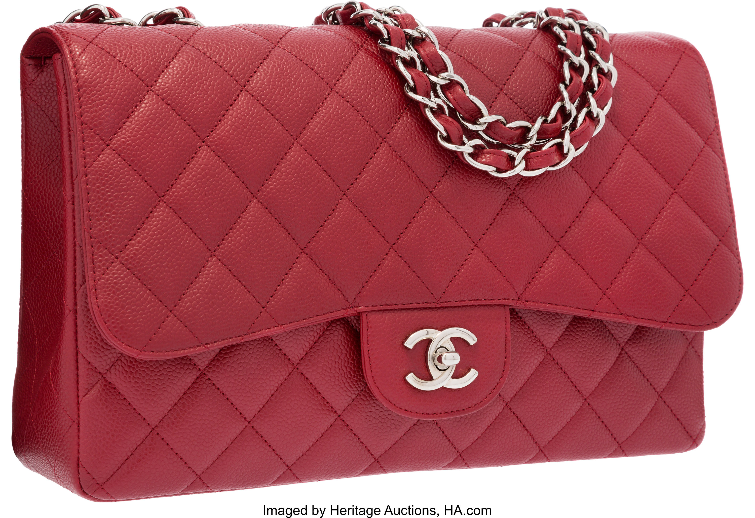 Chanel Red Quilted Caviar Leather Jumbo Single Flap Bag with Silver, Lot  #58245