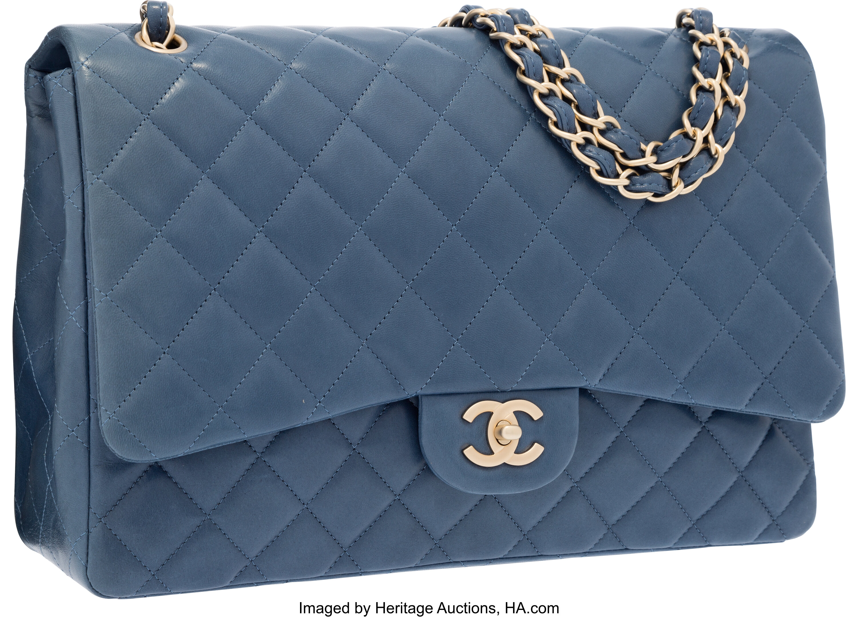 Chanel Blue Quilted Lambskin Leather Maxi Single Flap Bag with