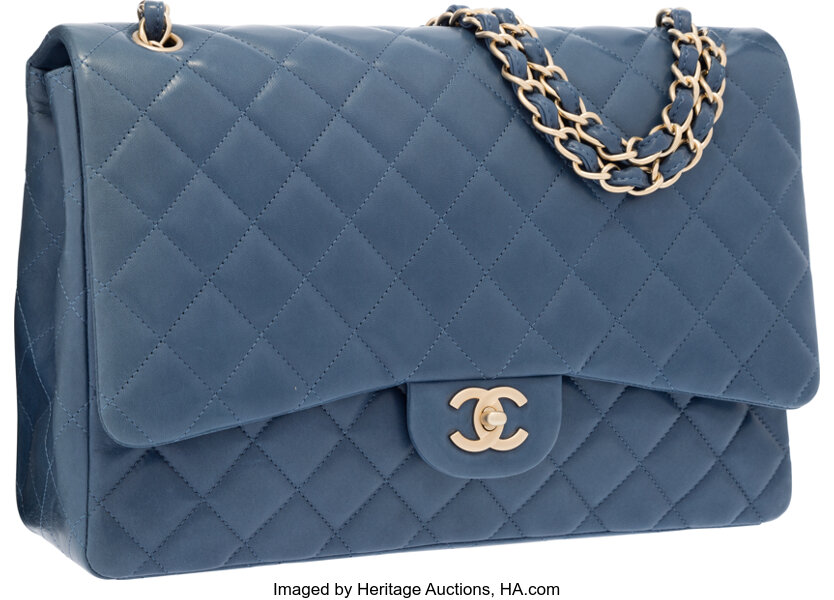 Chanel Blue Quilted Lambskin Leather Maxi Single Flap Bag with, Lot #58302