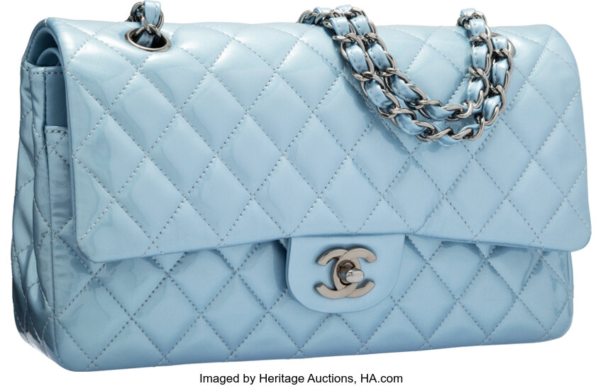 Chanel Pearlescent Light Blue Quilted Patent Leather Medium Double