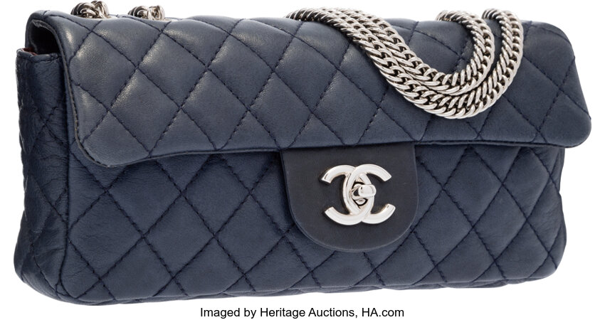 Chanel Navy Blue Quilted Lambskin Leather East West Single Flap Bag, Lot  #58299