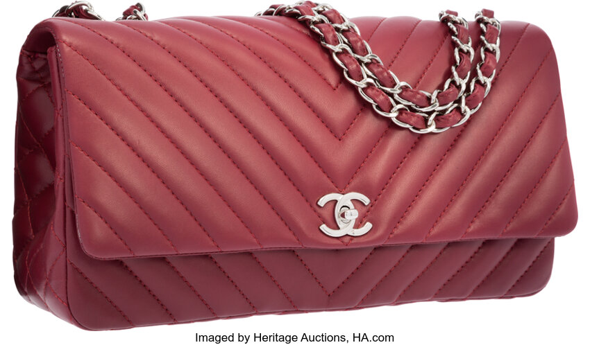Chanel Red Chevron Quilted Lambskin Leather East West Single Flap, Lot  #58244