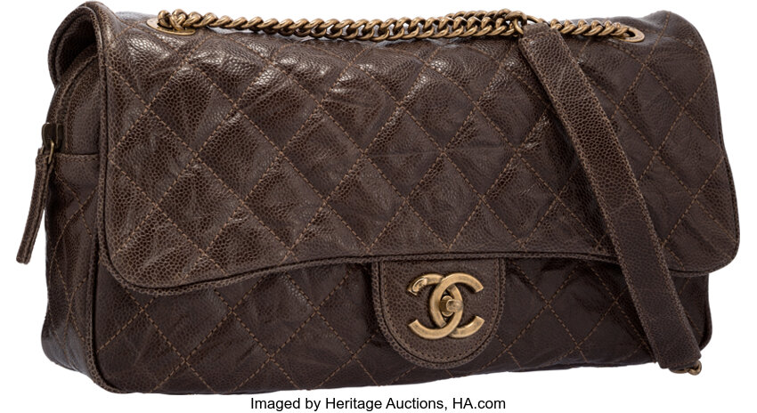 Chanel Olive Green Quilted Distressed Caviar Leather Easy Zip, Lot #58310