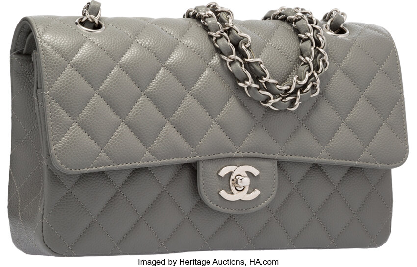 Chanel Gray Quilted Caviar Leather Medium Double Flap Bag with, Lot #58280