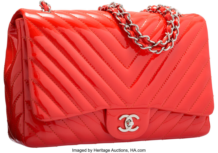 Chanel Red Chevron Quilted Patent Leather Jumbo Double Flap Bag, Lot  #58241