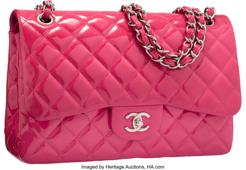 Chanel Pink Quilted Patent Leather Jumbo Double Flap Bag with, Lot #58226