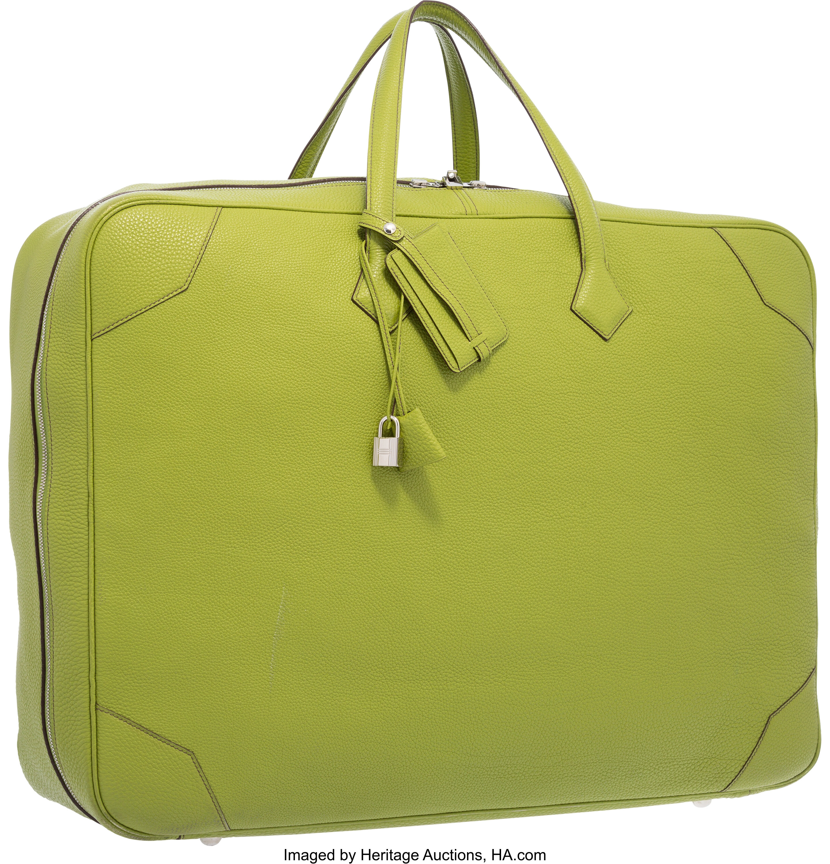 Hermes 35cm White Swift Leather & Vert Olive Toile Officier Canvas