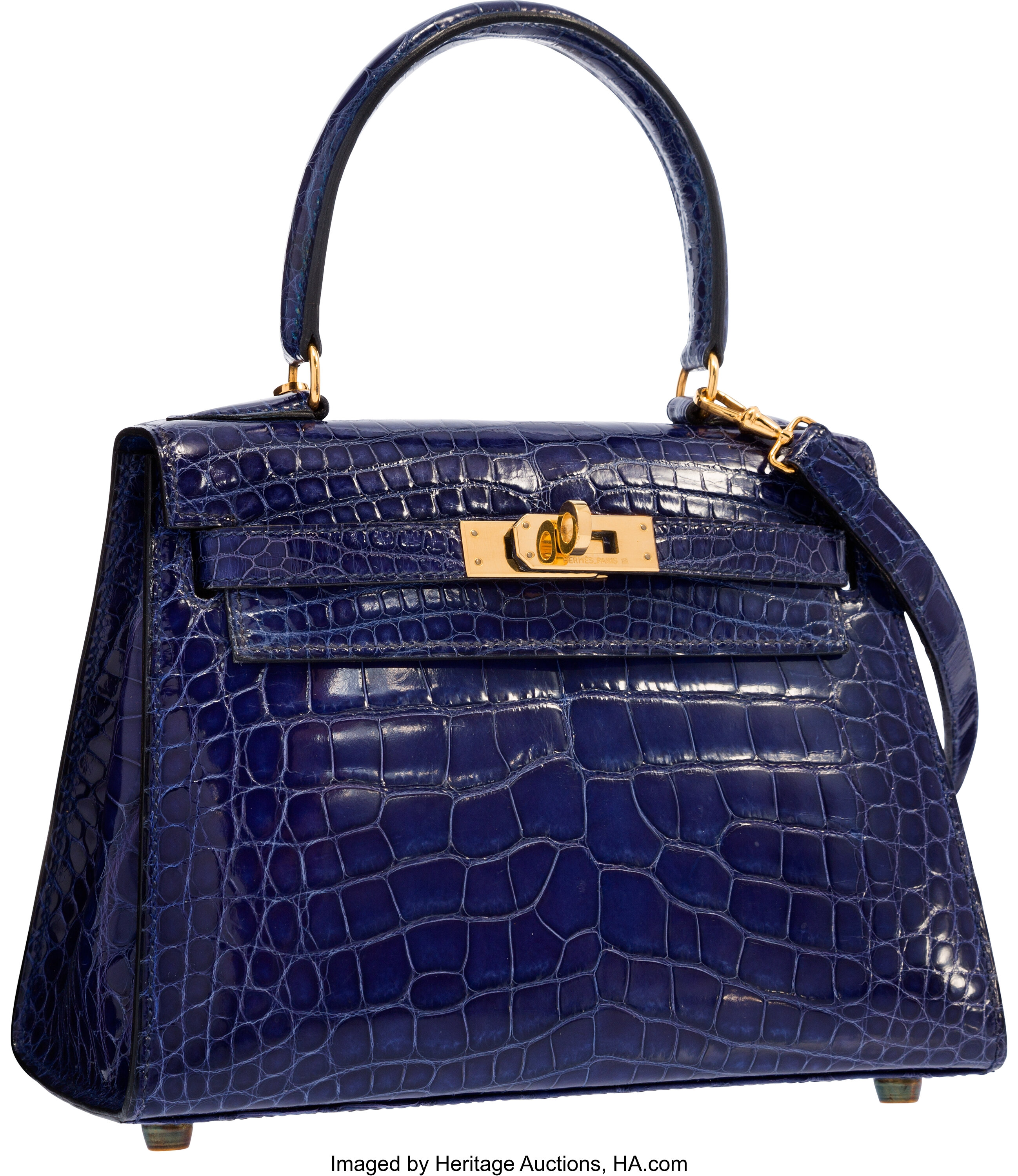 A SHINY BLEU SAPHIR ALLIGATOR SELLIER MINI KELLY 20 II WITH GOLD