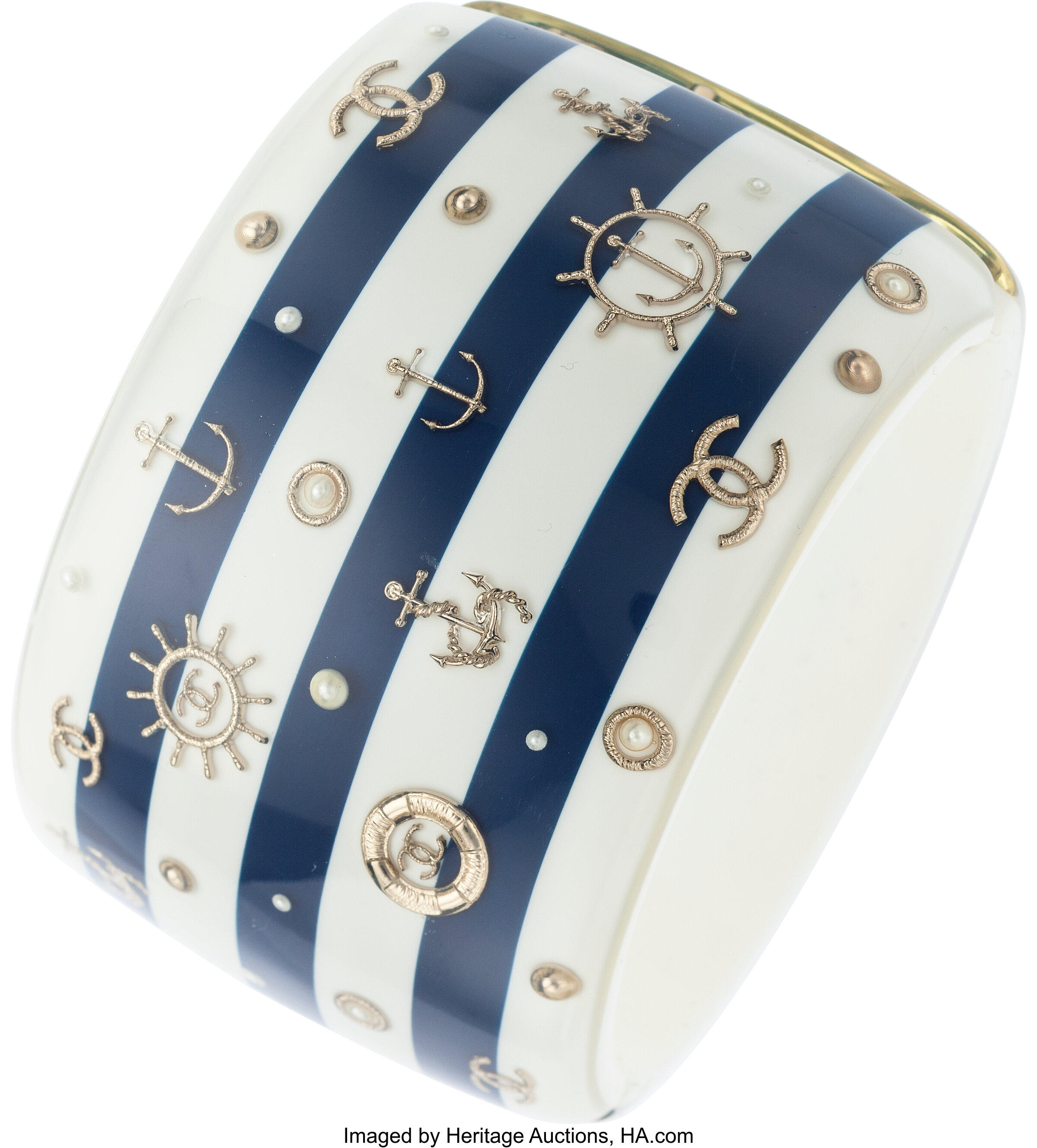 Chanel White & Navy Blue Enamel Nautical Cuff Bracelet. Good, Lot #58472