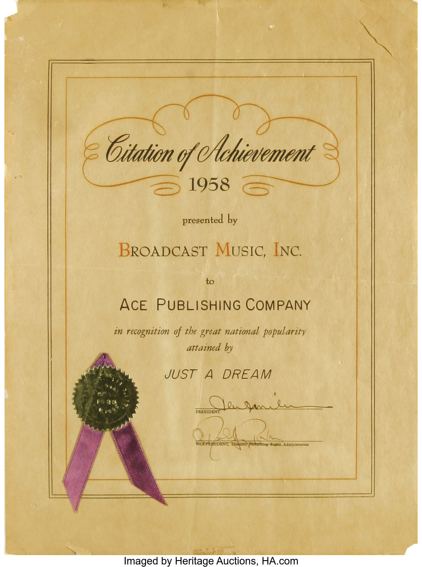 Broadcast Music Inc Certificate Citation Of Achievement Issued Lot 210 Heritage Auctions