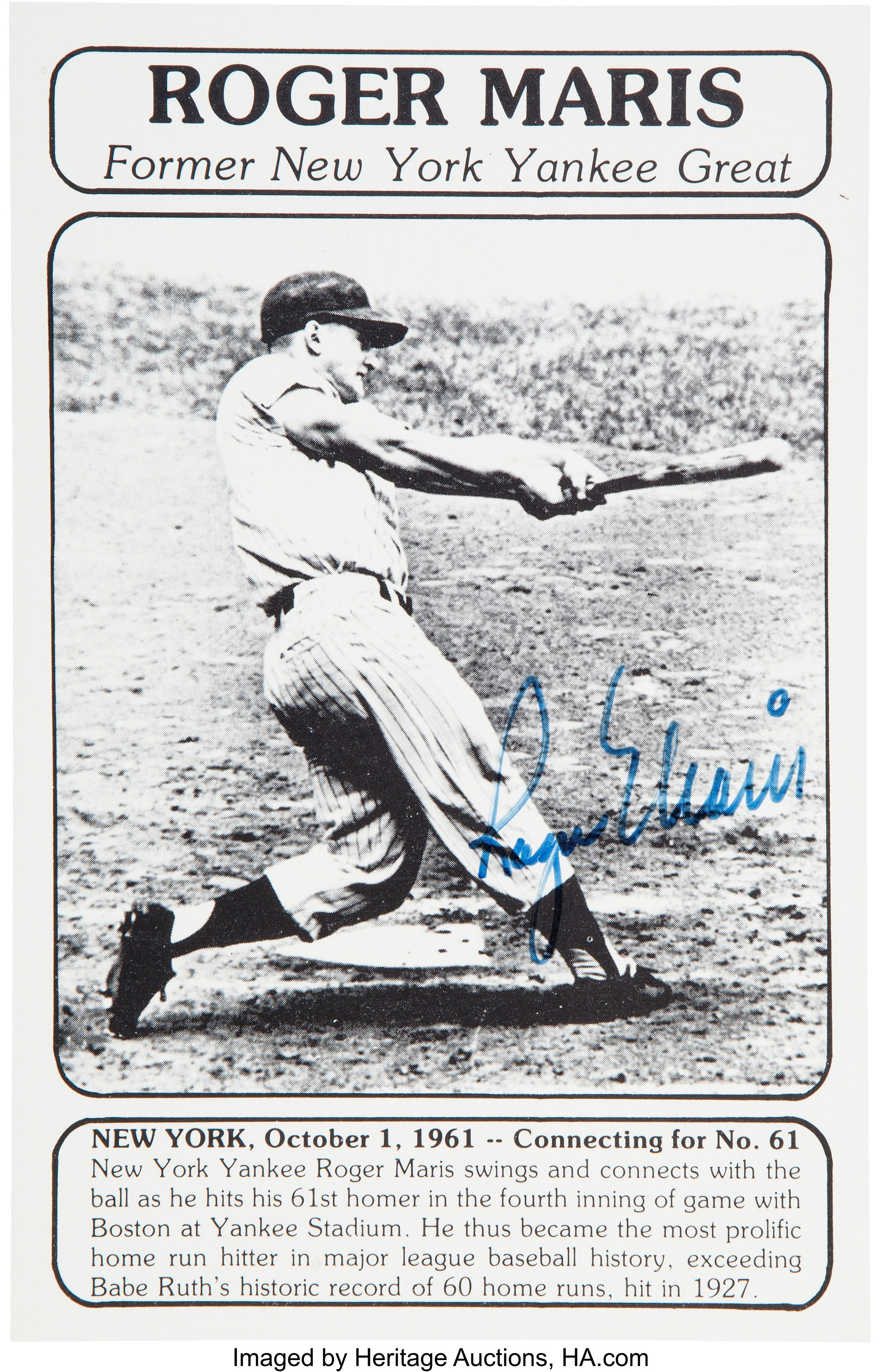 1980's Roger Maris Signed Sixty-First Home Run Display Card.... | Lot  #14686 | Heritage Auctions