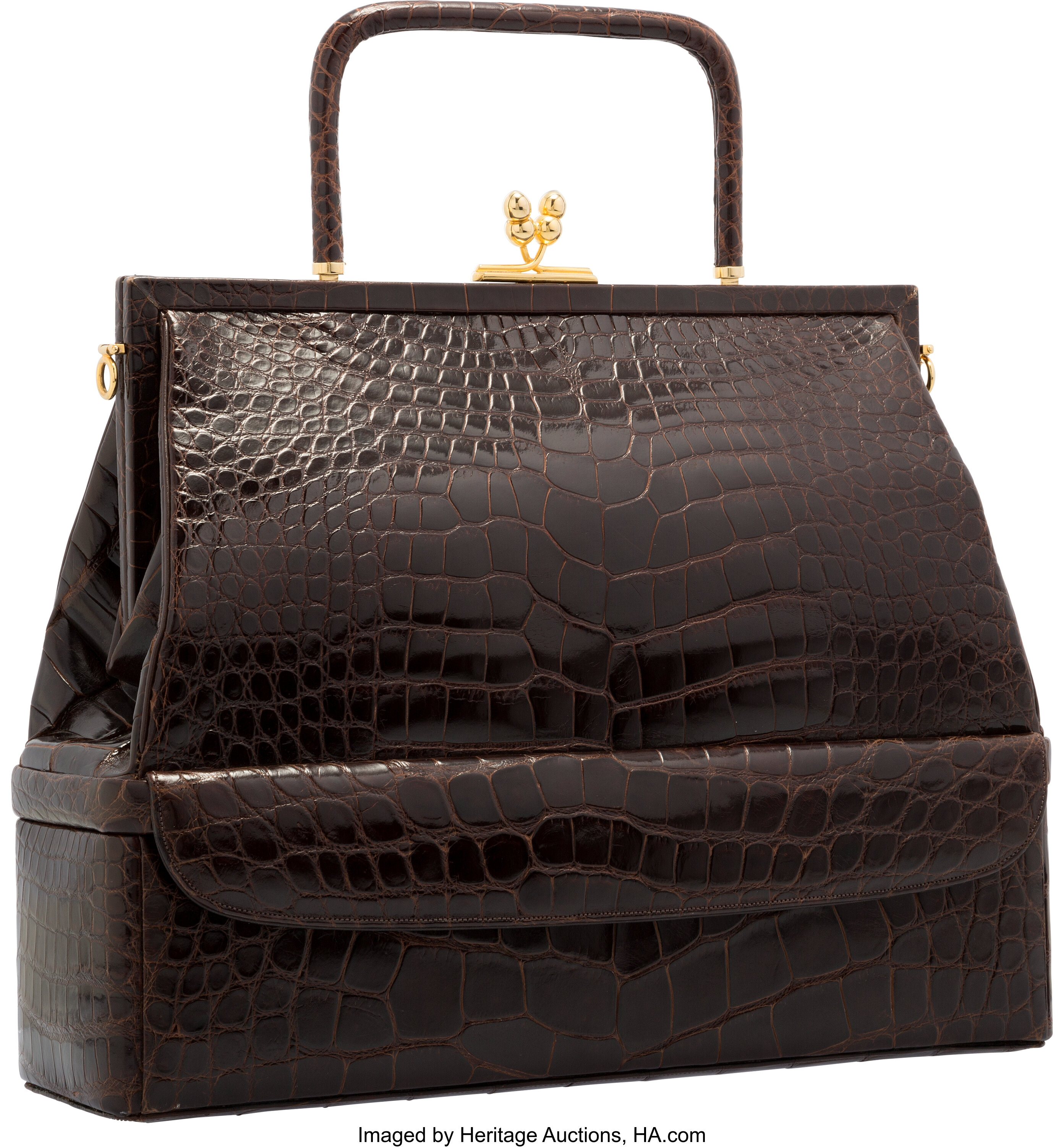 Judith Leiber Brown Alligator Top Handle Bag with Gold Hardware., Lot  #58474