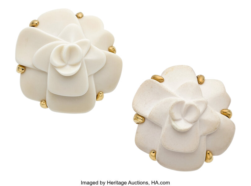 Chanel Black Onyx Gold Camellia Earrings at 1stDibs