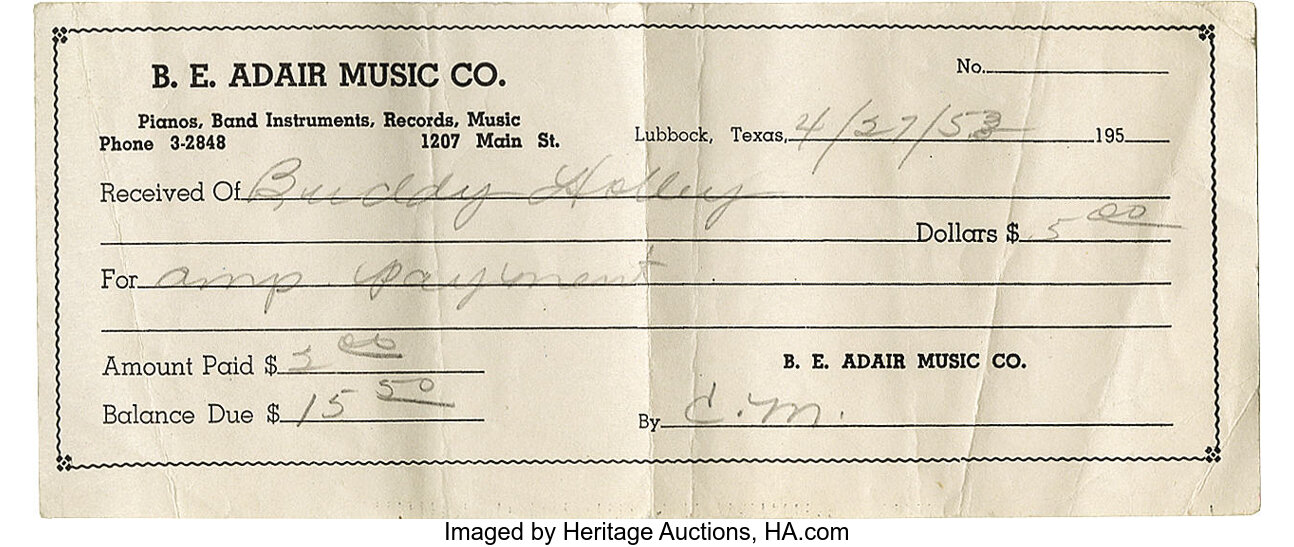 Buddy Holly Receipt For Amp Written To Buddy Holly From B E Lot 22198 Heritage Auctions