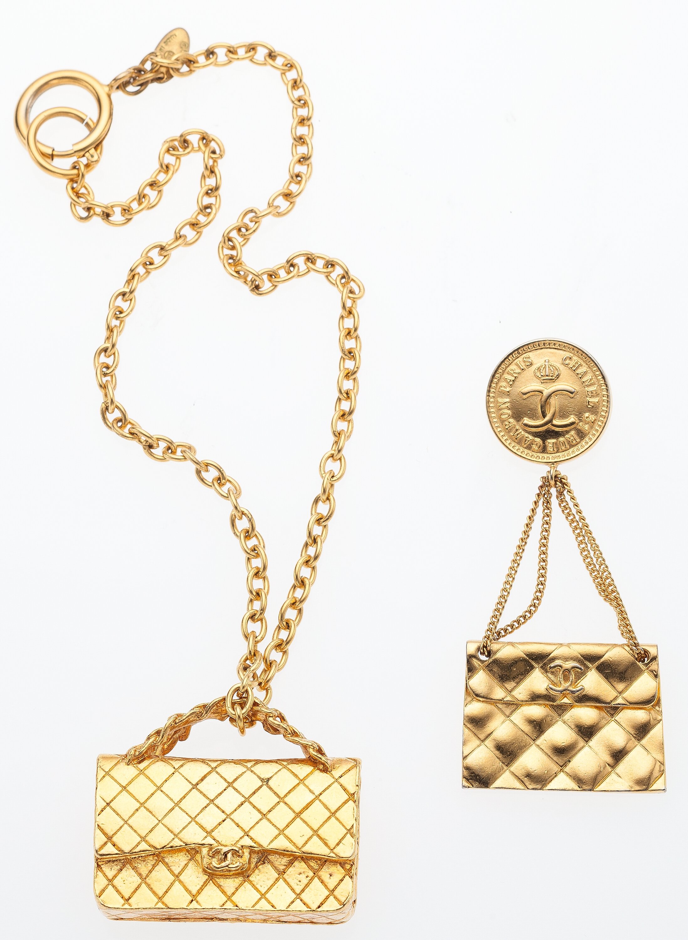 Chanel Set of Two; Gold Quilted Flap Bag Brooch and Necklace. Very, Lot  #17023