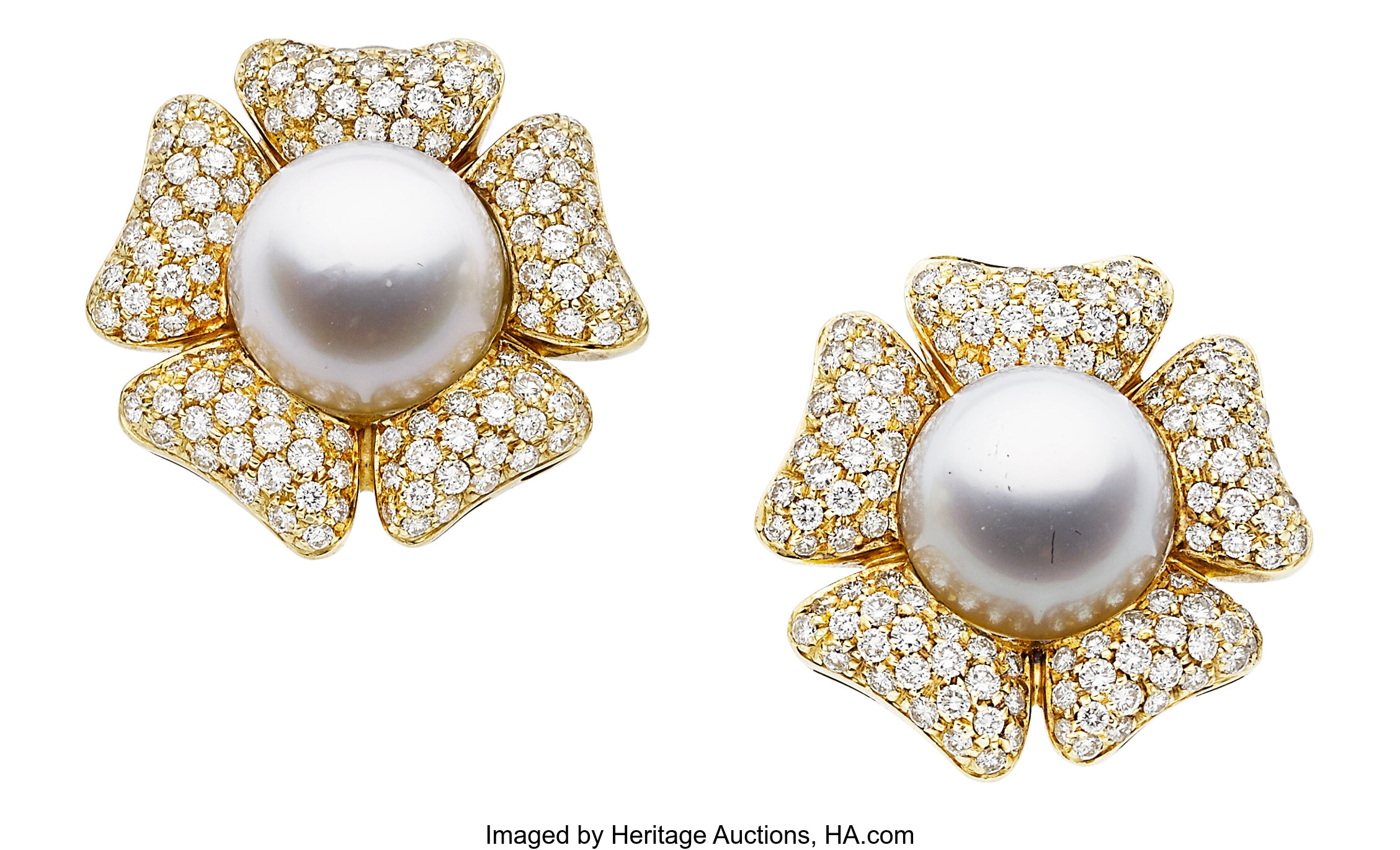 South Sea Cultured Pearl, Diamond, Gold Earrings, Asprey & Garrard ...