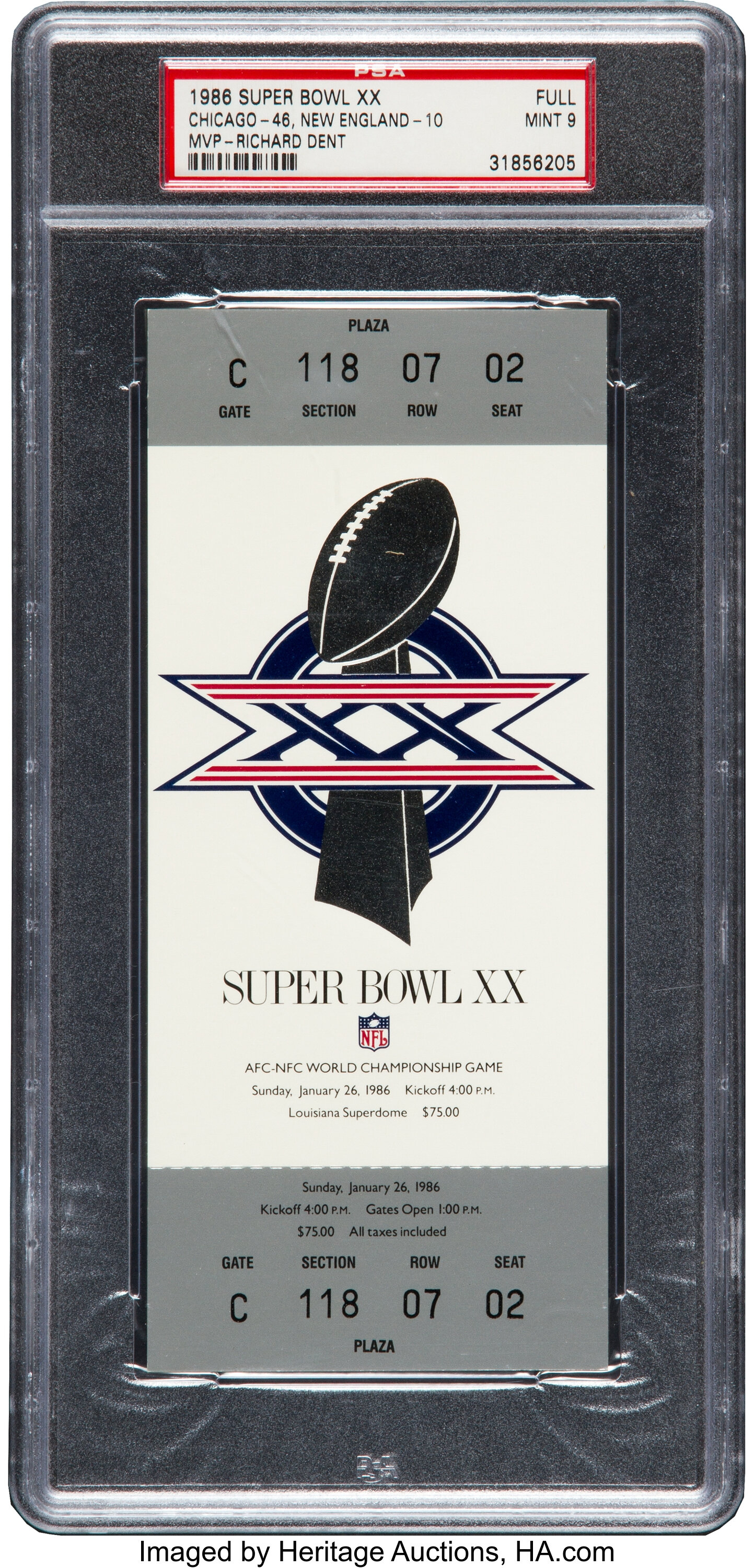 1986 Super Bowl XX Full Ticket PSA Mint 9.  Football, Lot #13385