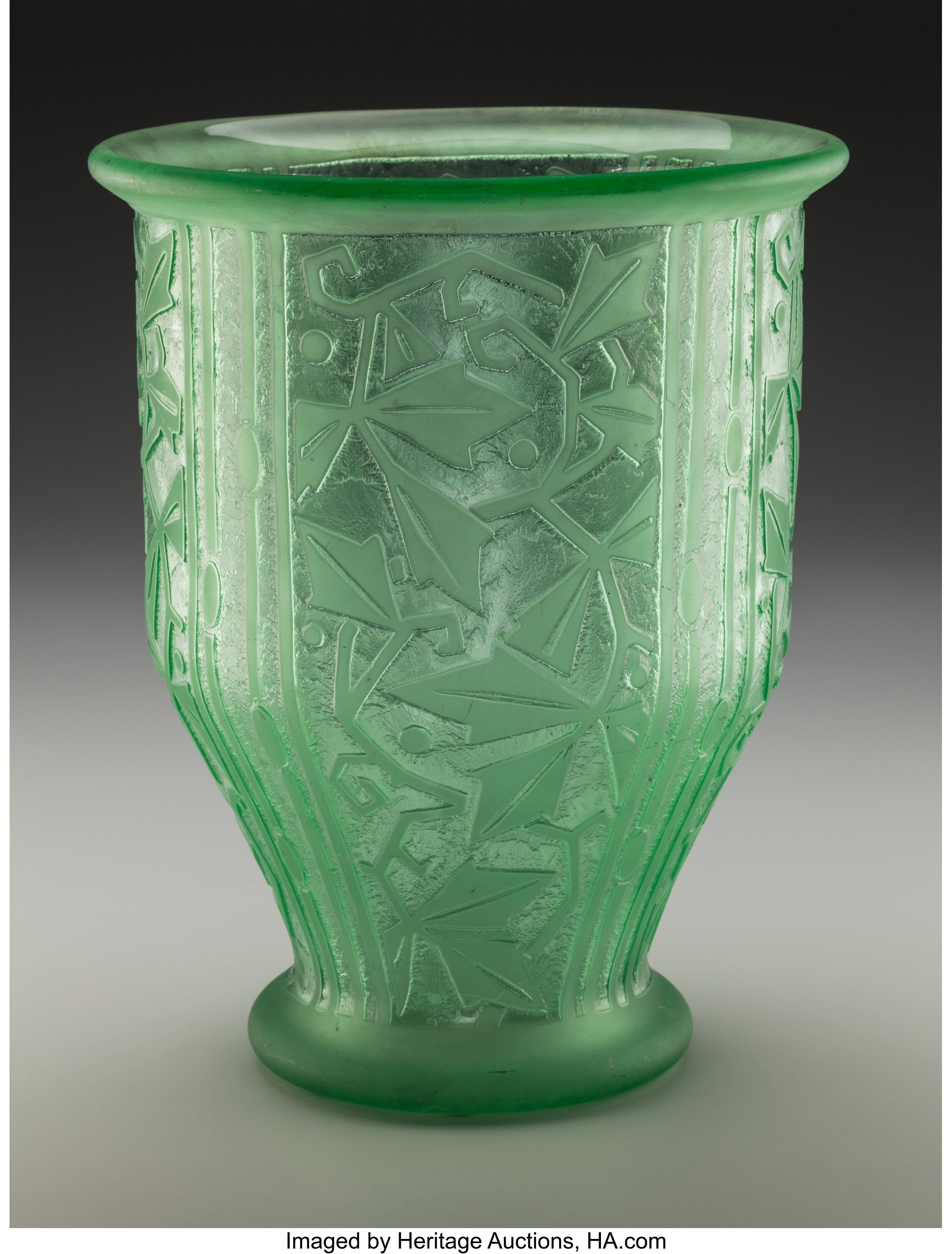 1930s Daum etched green glass cocktail jug and glasses