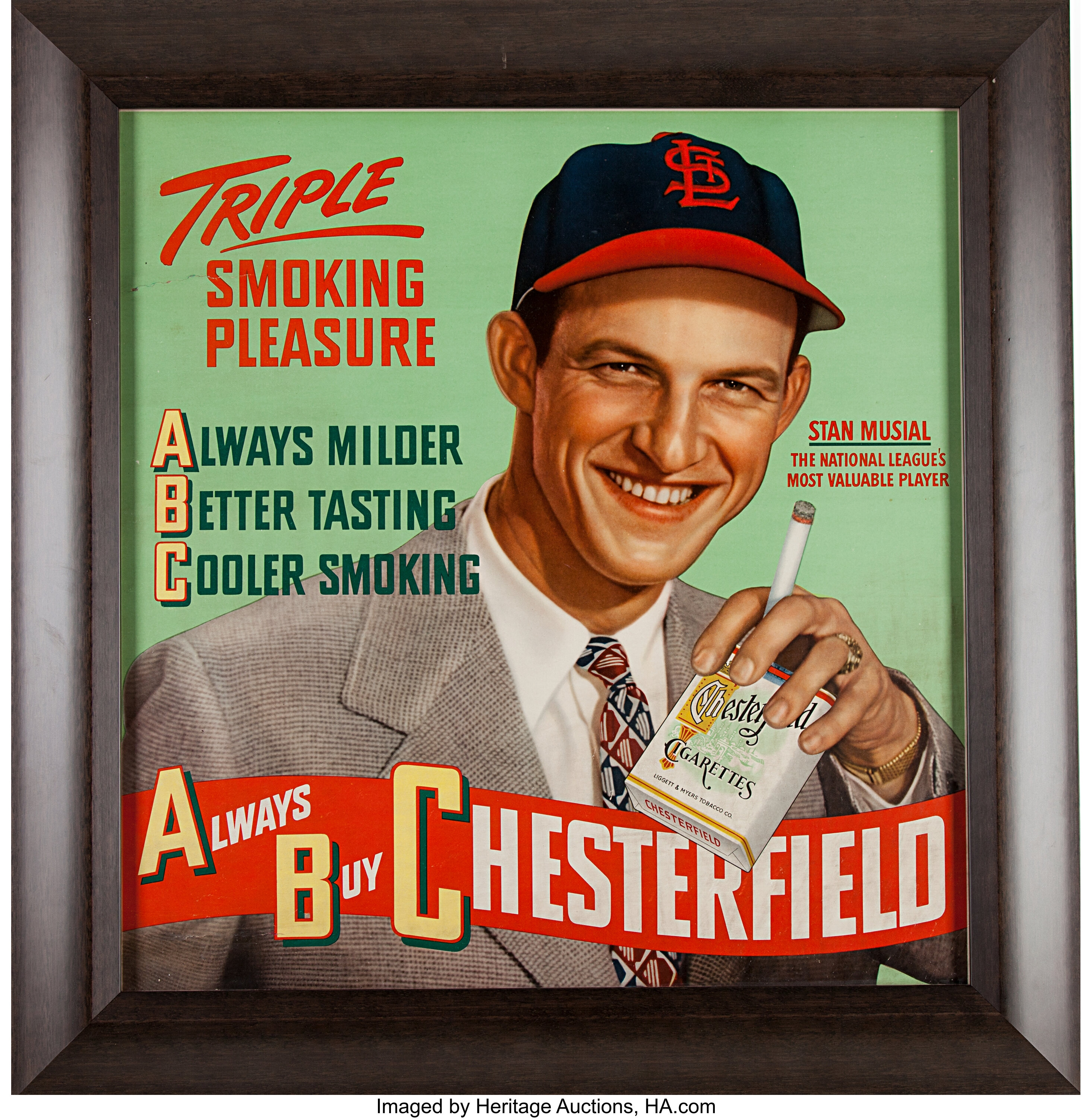 Lot Detail - SIZABLE 1947 STAN MUSIAL AUTOGRAPHED CHESTERFIELD ADVERTISING  DISPLAY - BECKETT LOA