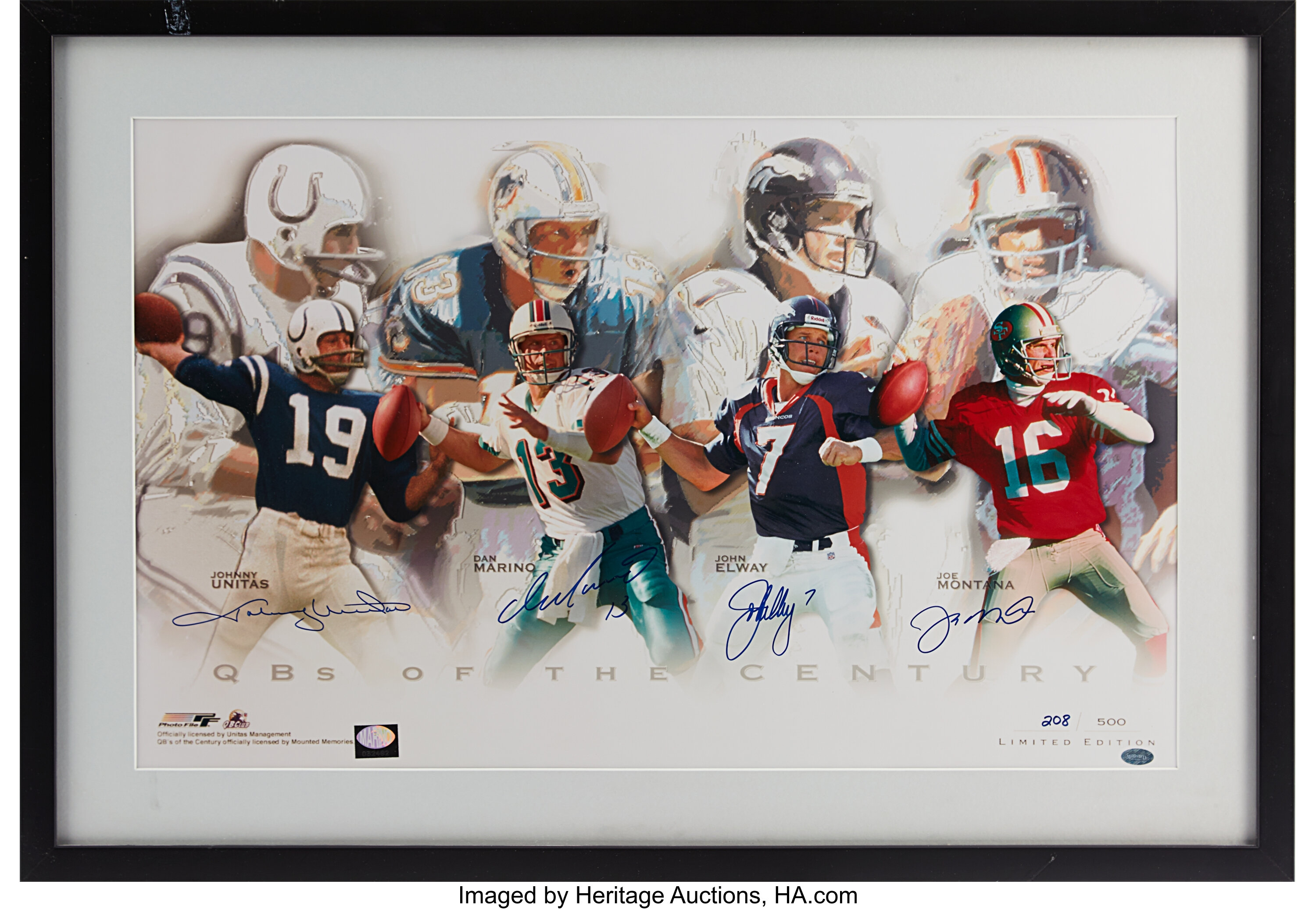 Joe Montana Dan Marino John Elway and Johnny Unitas Quarterbacks Of The  Century Autographed Jersey with Stats on Sleeves