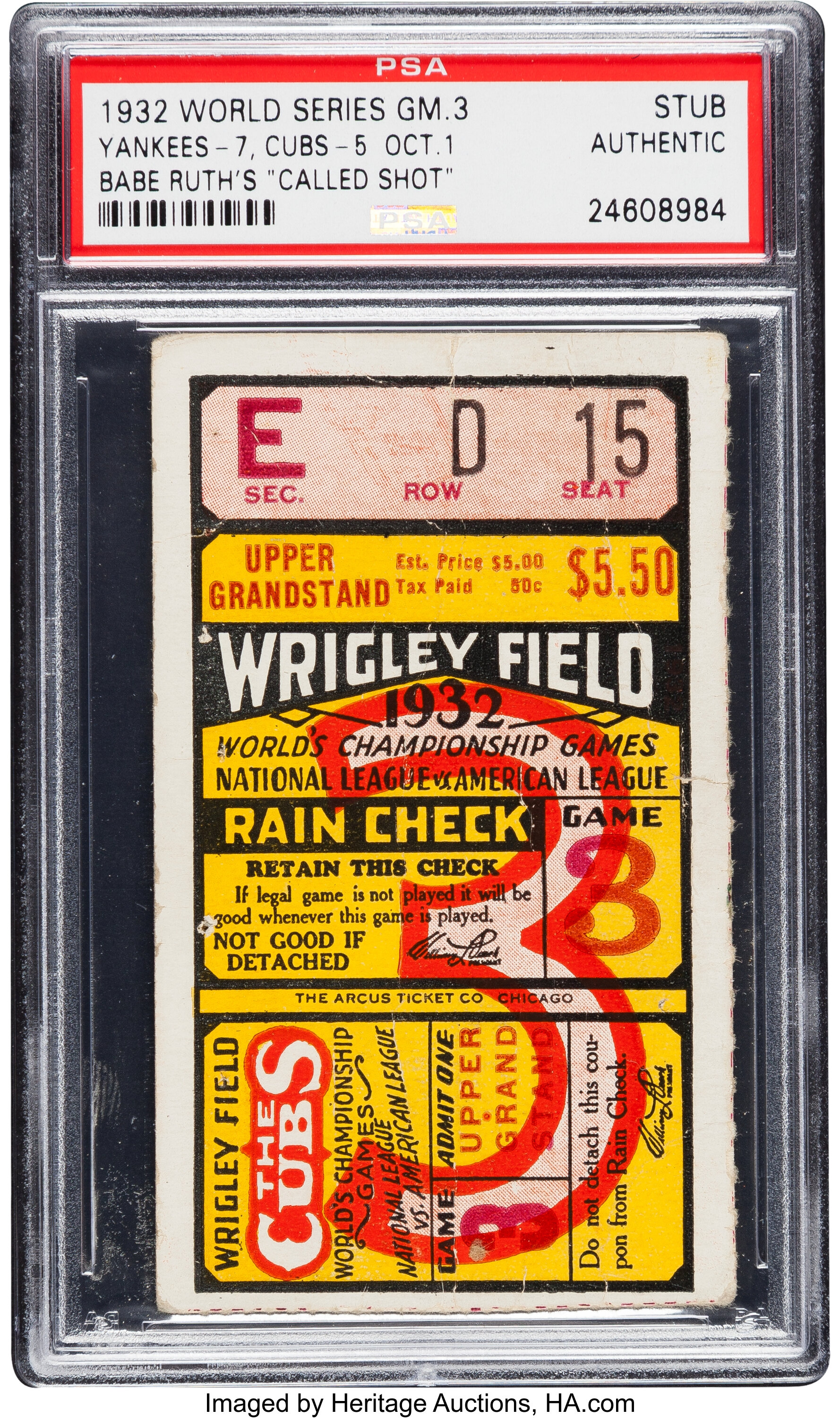1932 World Series Babe Ruth Called Shot Game Ticket Stub, PSA, Lot  #13108
