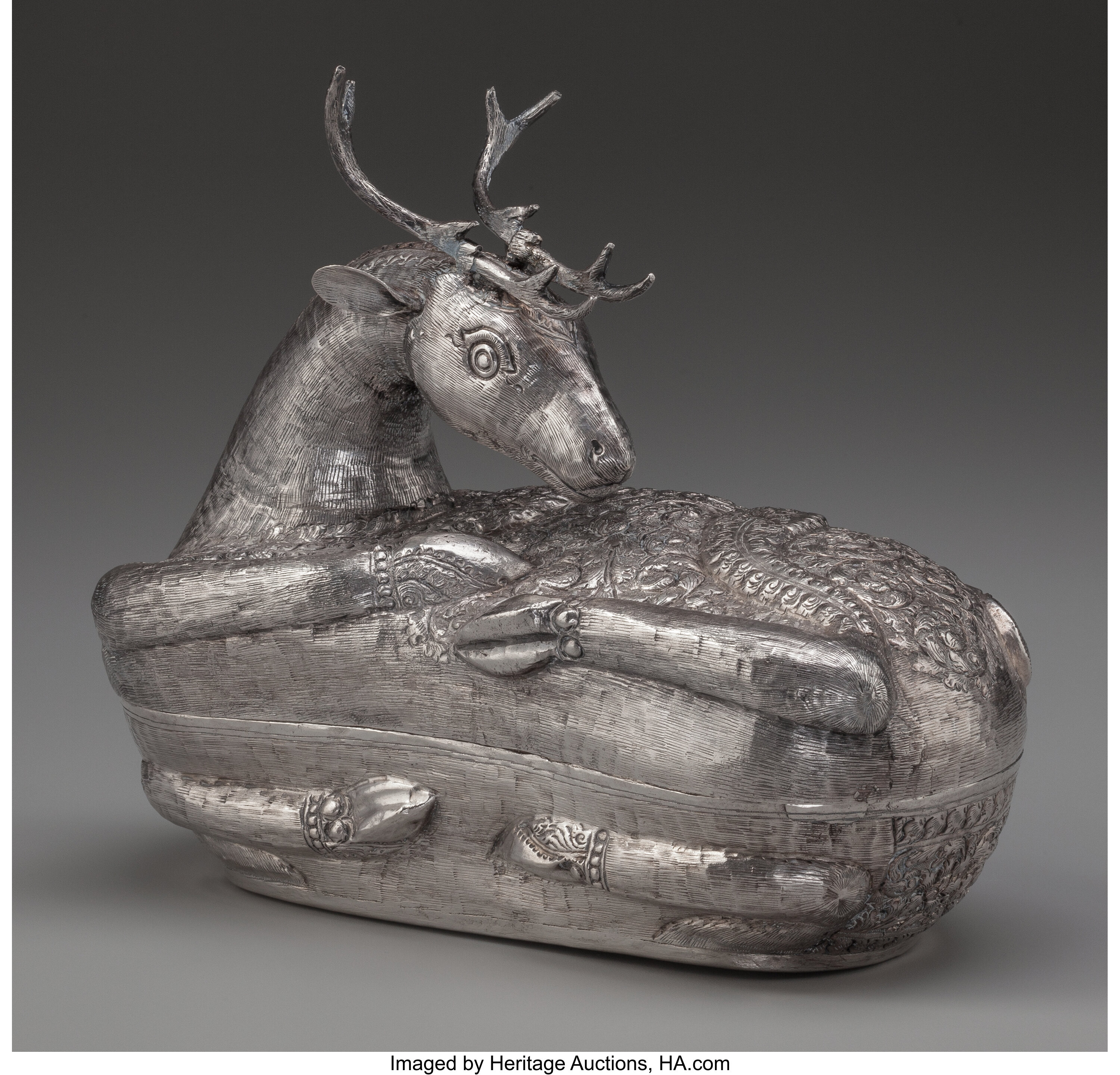 A Cambodian Silver Stag-Form Betel Leaf Box, pre-1970. Marks: T900 ...