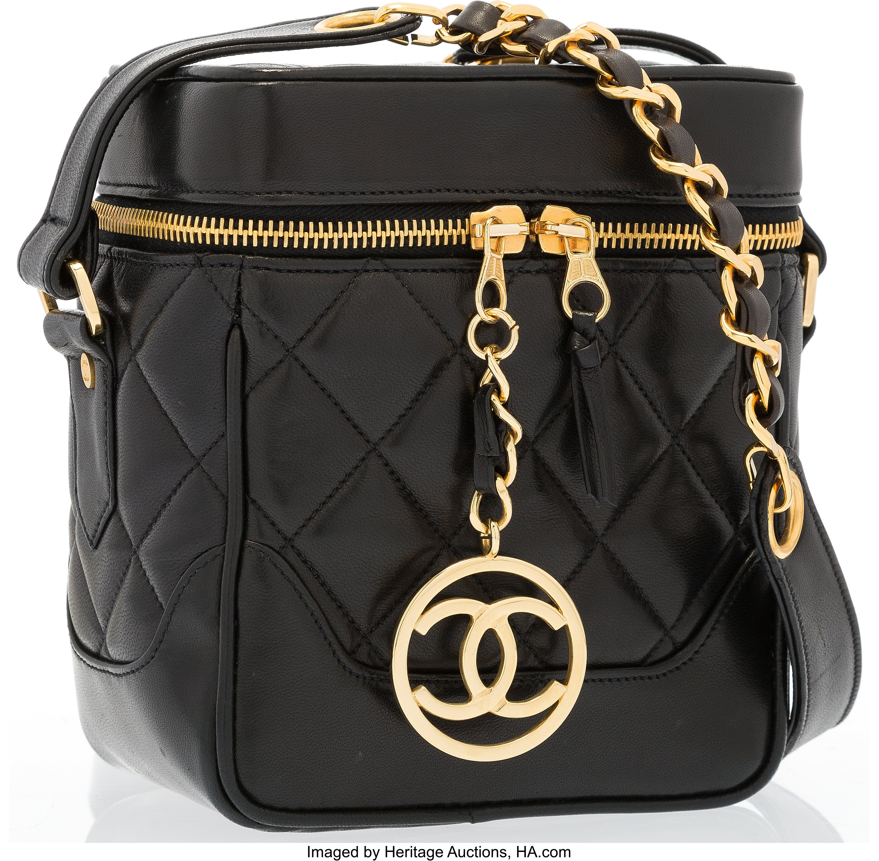 At Auction: Chanel black quilted lambskin front pocket handbag