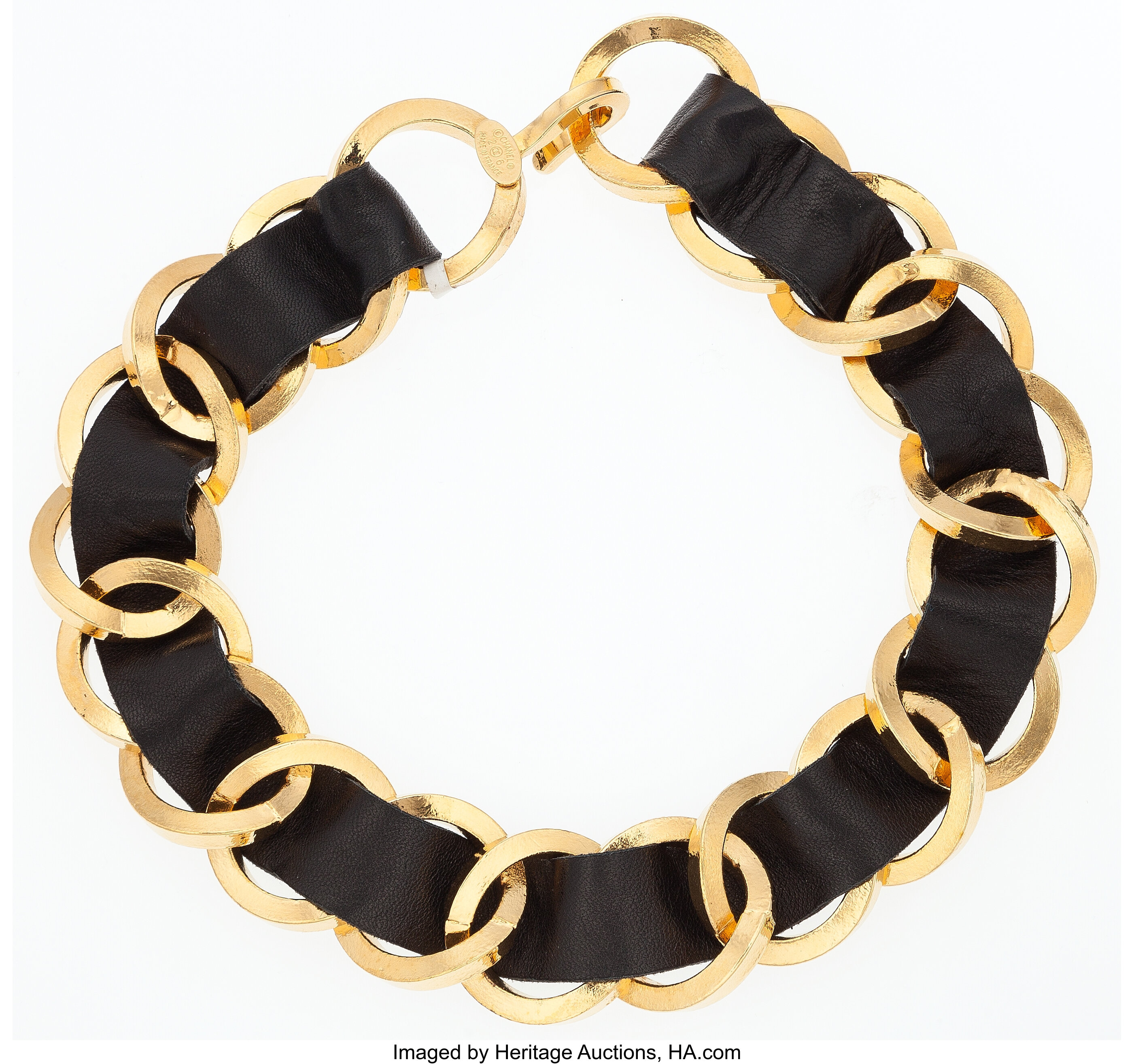 Chanel Black Lambskin Leather Necklace with Gold Hardware.