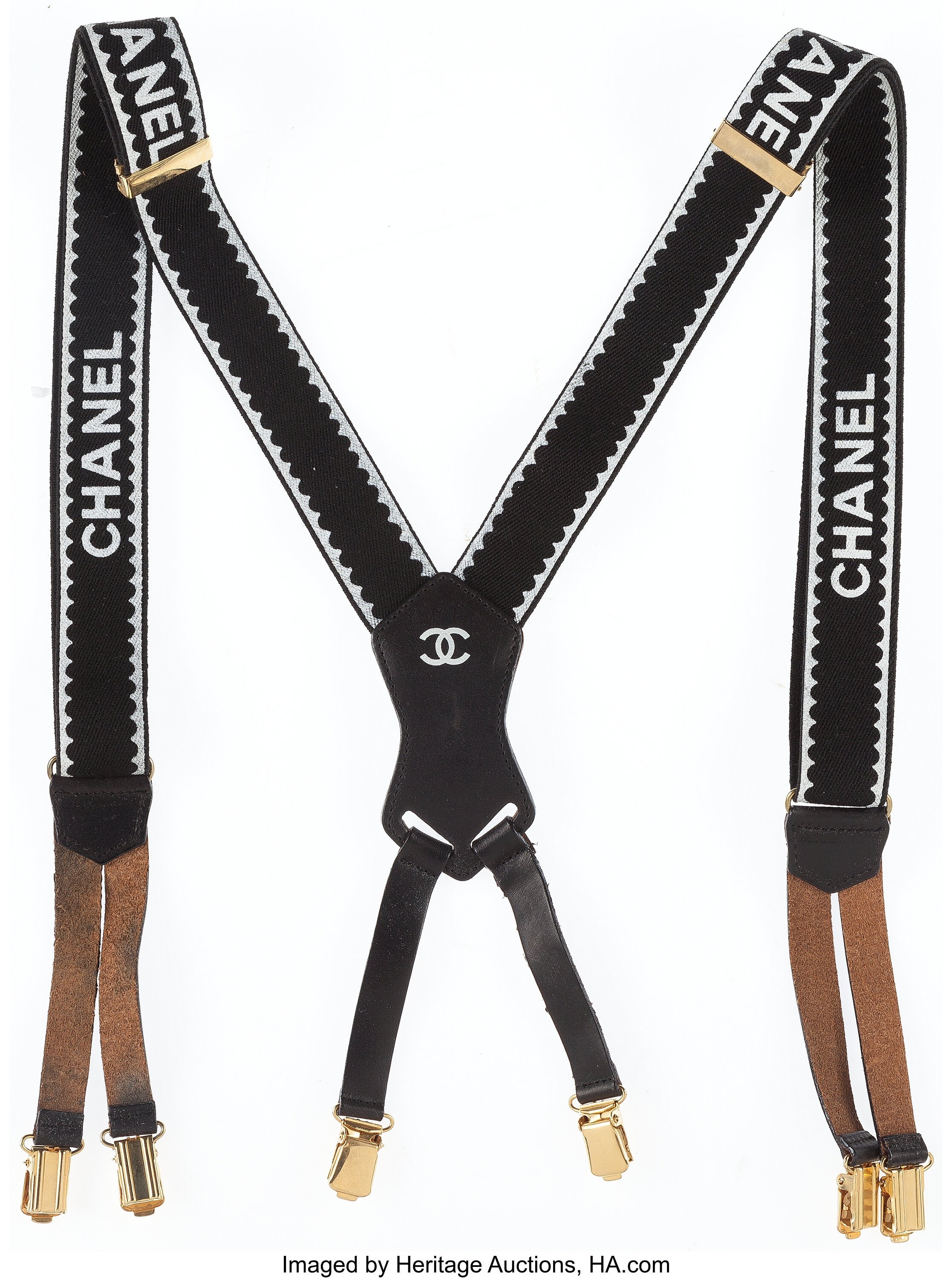 Chanel Brown Leather & Black Elastic Suspenders. Very Good