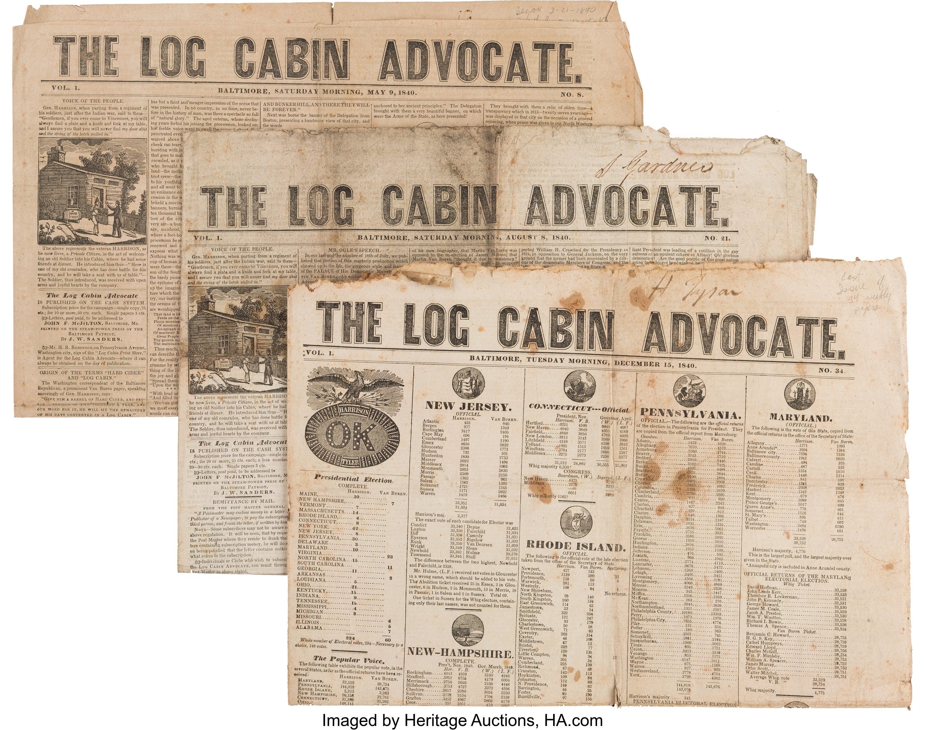 William Henry Harrison Three Log Cabin Campaign Newspapers