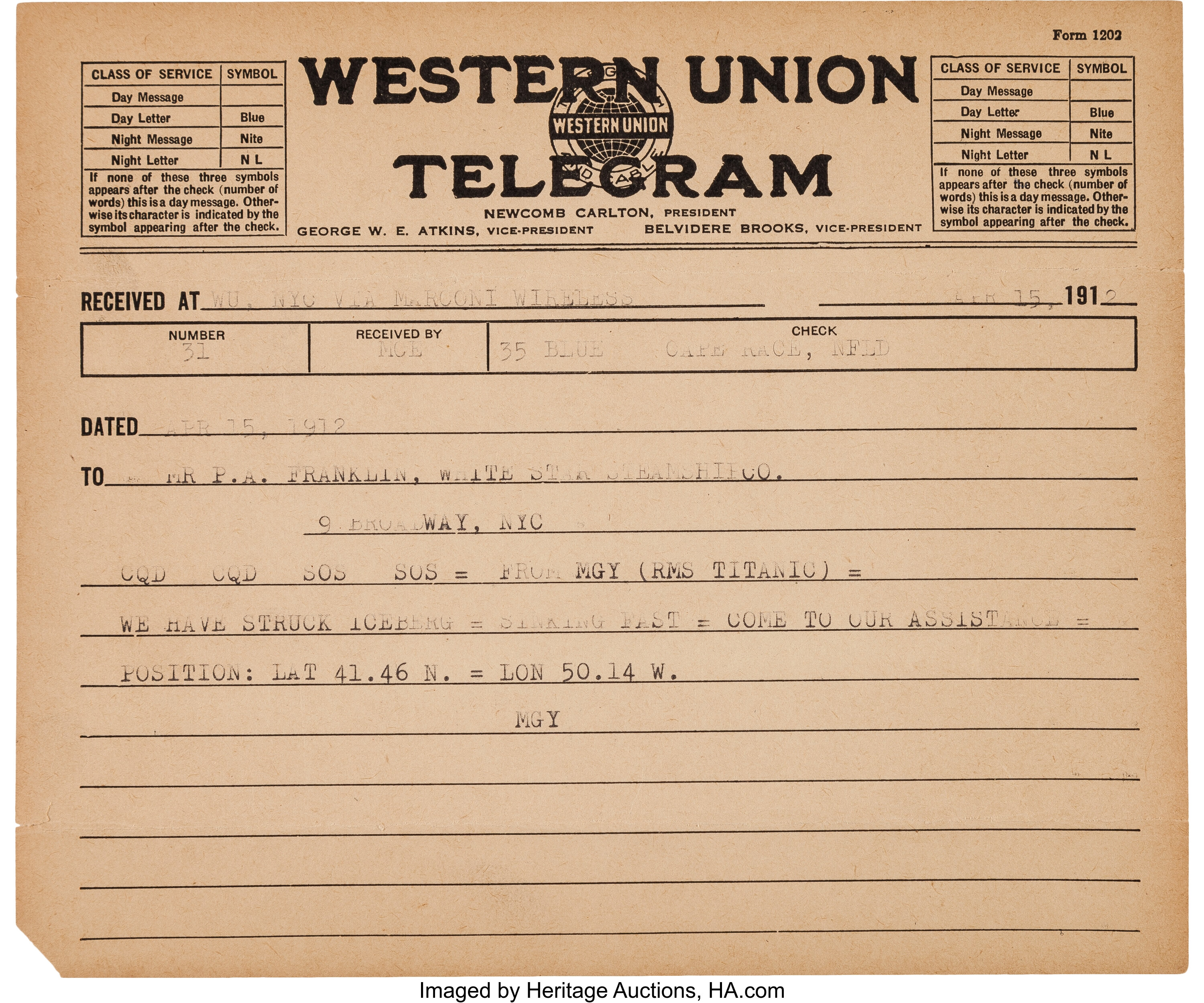 . Titanic: Distress Telegram Sent to the White Star Line.... | Lot  #48180 | Heritage Auctions