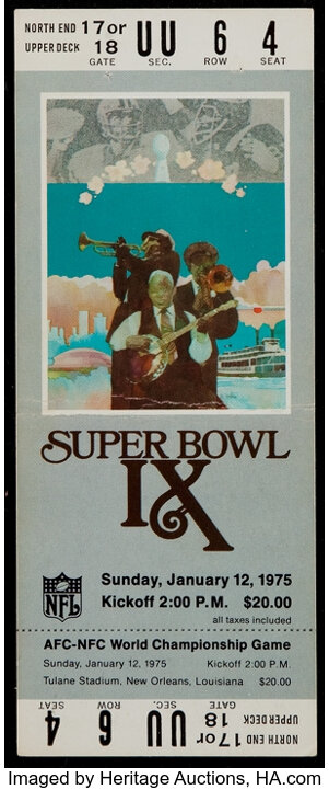 1975 Super Bowl IX Full Ticket - White Variation.  Football, Lot #42202