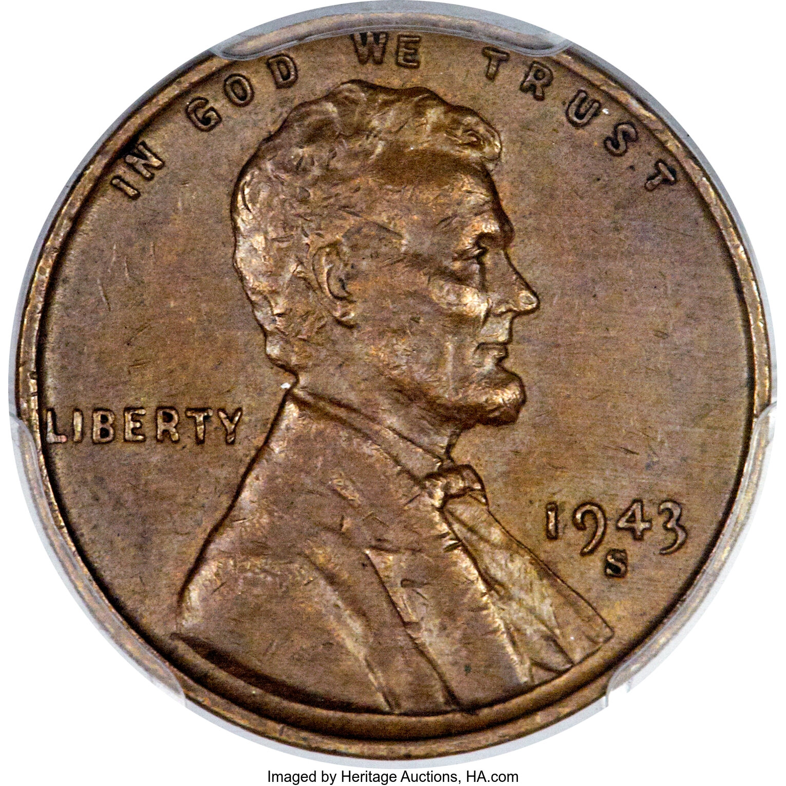 1943 S 1c Struck On A Bronze Planchet Au55 Pcgs Secure Lincoln Lot 5267 Heritage Auctions