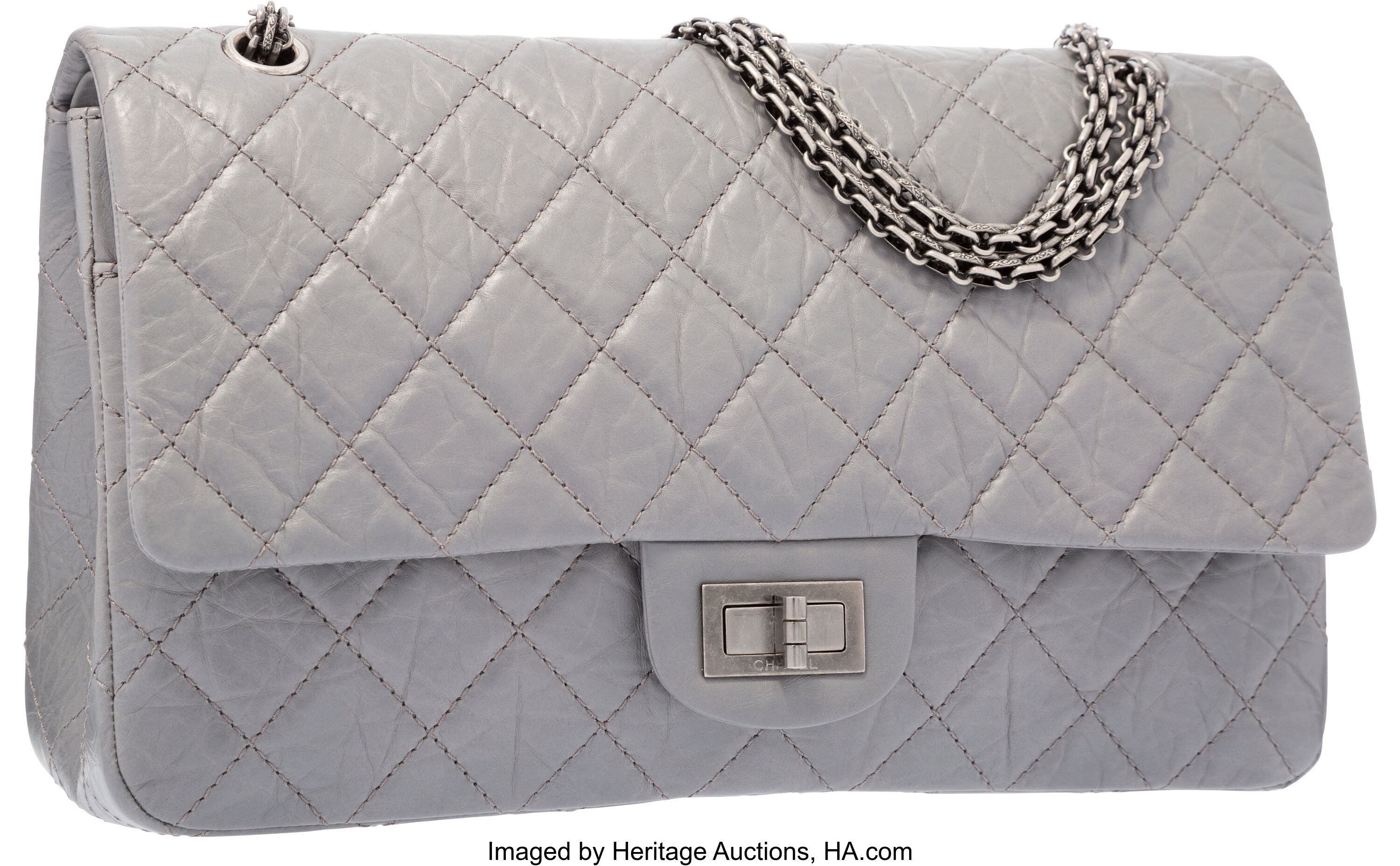 Chanel Gray Quilted Distressed Leather Reissue Jumbo Double Flap