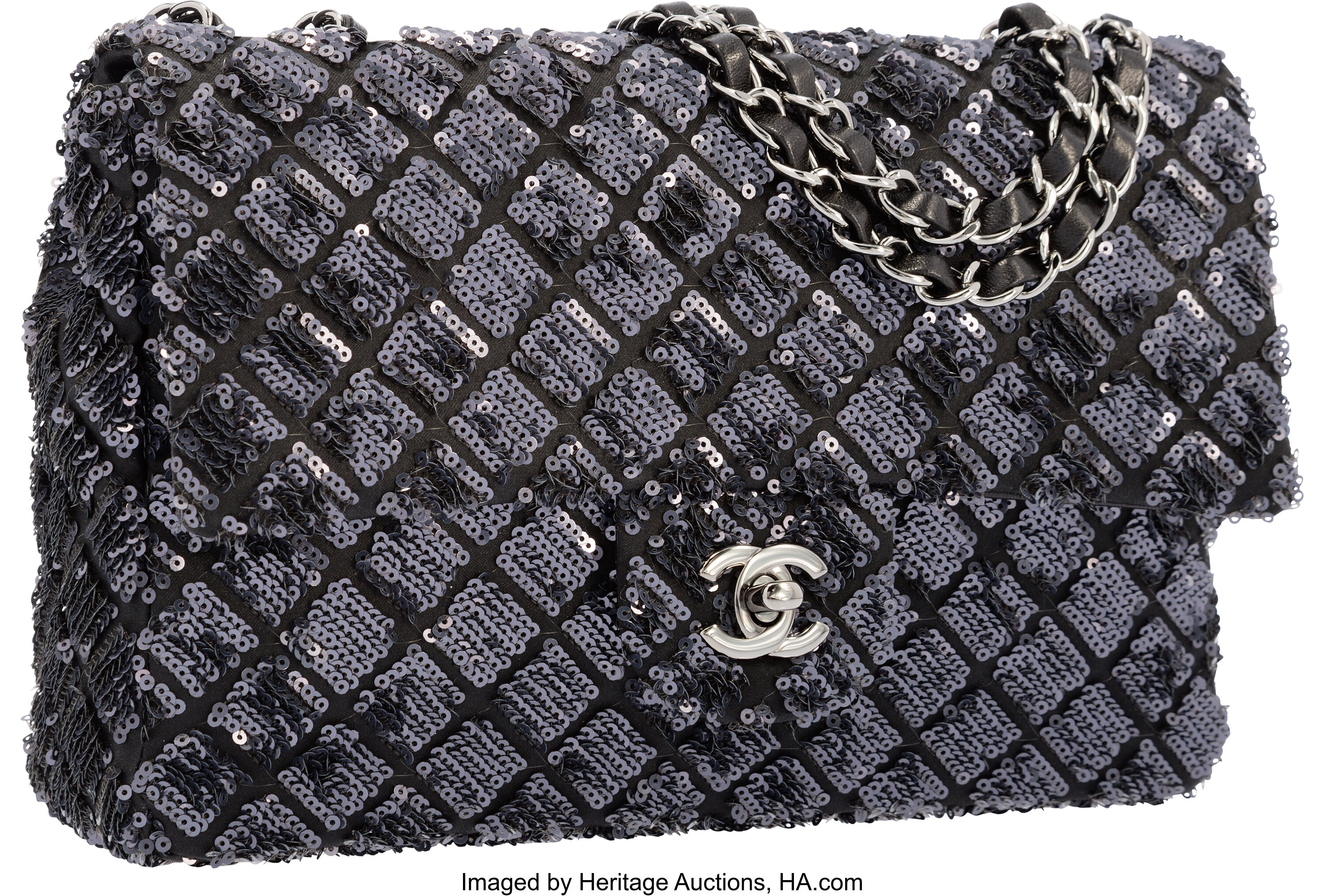 Small flap bag, Sequins & ruthenium-finish metal, black, white & blue —  Fashion